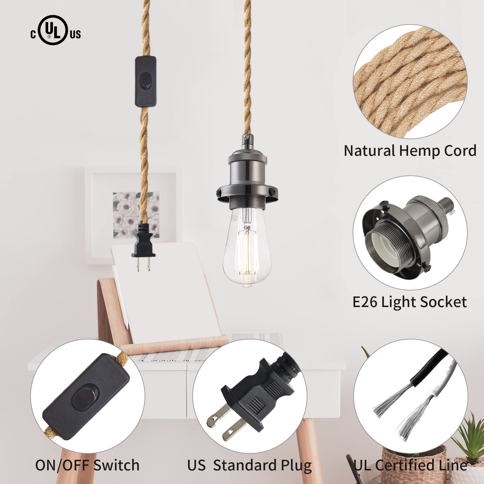 GNOLAK Pendant Light Cord Kit, 15.4ft Industrial E26 Socket, Hemp Rope, Pearl Black, Model CTMSTD, Plug-in with Switch