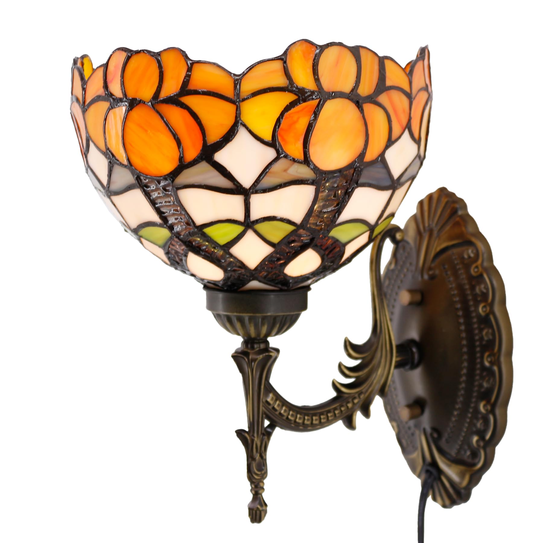 Tiffany Wall Sconce Lamp Plug In Or Hardwire Wall Light With 8 Inch Yellow Stained Glass Flower Lampshade 8X10.5X11 Inch, Base F