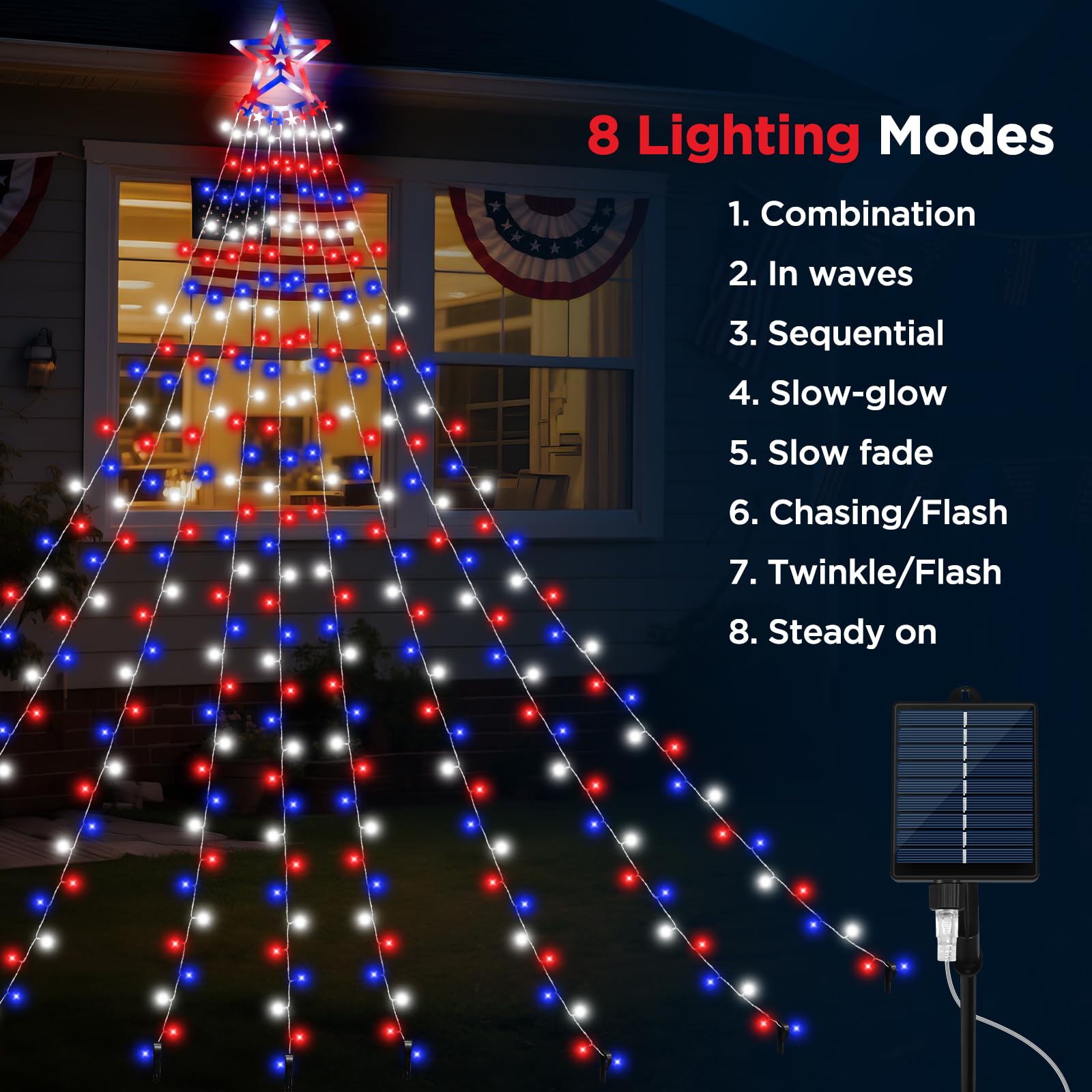 HELESIN Solar LED Lights - 350 LED Red White Blue Waterfall Lights with Remote Control, USB Powered, 8 Modes for Outdoor Decor