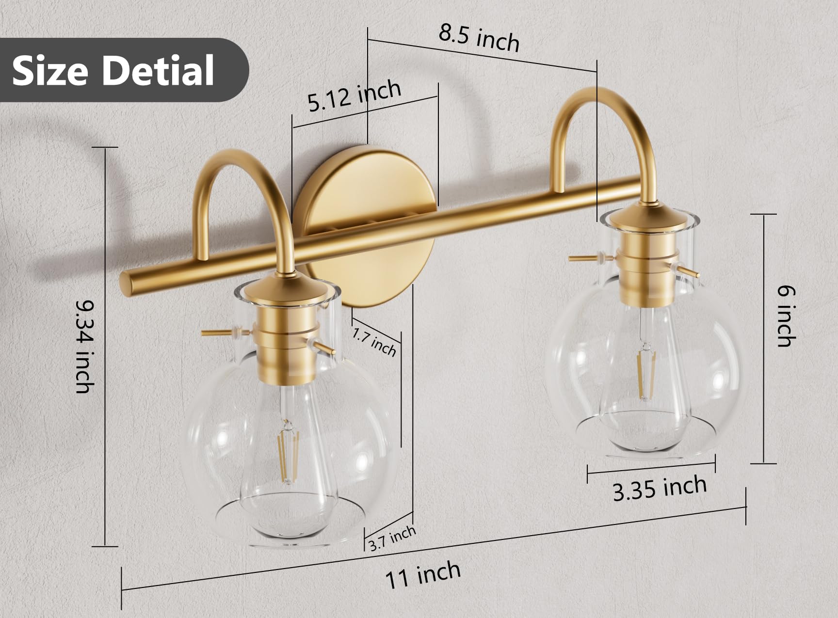 PAIHOME 2-Light Bathroom Light Fixture, Gold Metal Vanity Light with Globe Glass Shade, 15-Inch Over Mirror Sconce