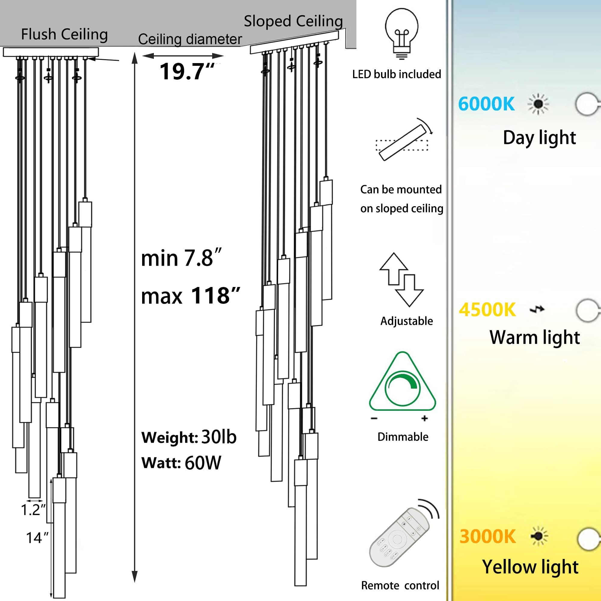 HAIXIANG 118" High Ceiling Chandelier, 12-Light Matte Black, Remote Dimmable, Stainless Steel & Crystal, Model MMQ3810