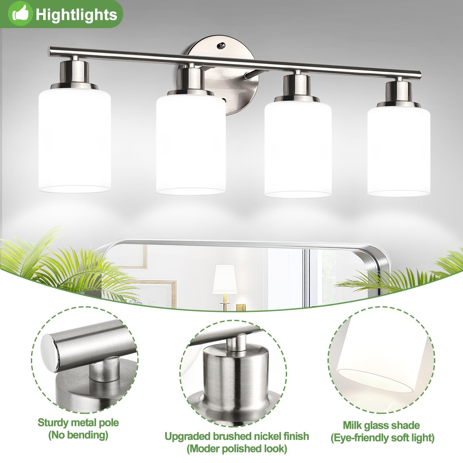 Zarbitta 4-Light Bathroom Light Fixtures, Brushed Nickel Vanity Lights with Frosted Glass Shades, Model OMTYX-016