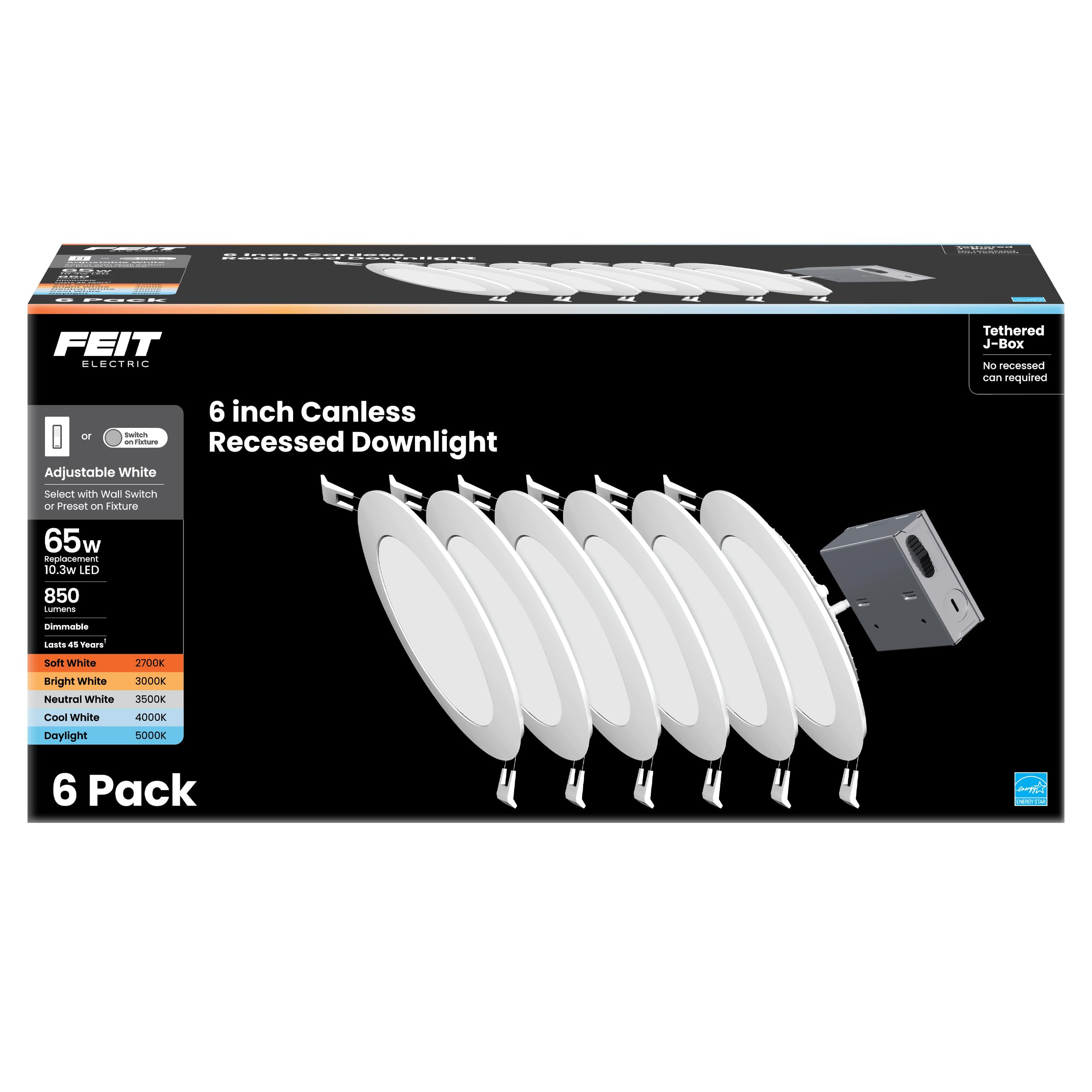 Feit Electric 6'' LED Canless Recessed Downlights with Tethered Jbox, Slim, 65W Replacement, Dimmable, 5CCT Selectable White, 90