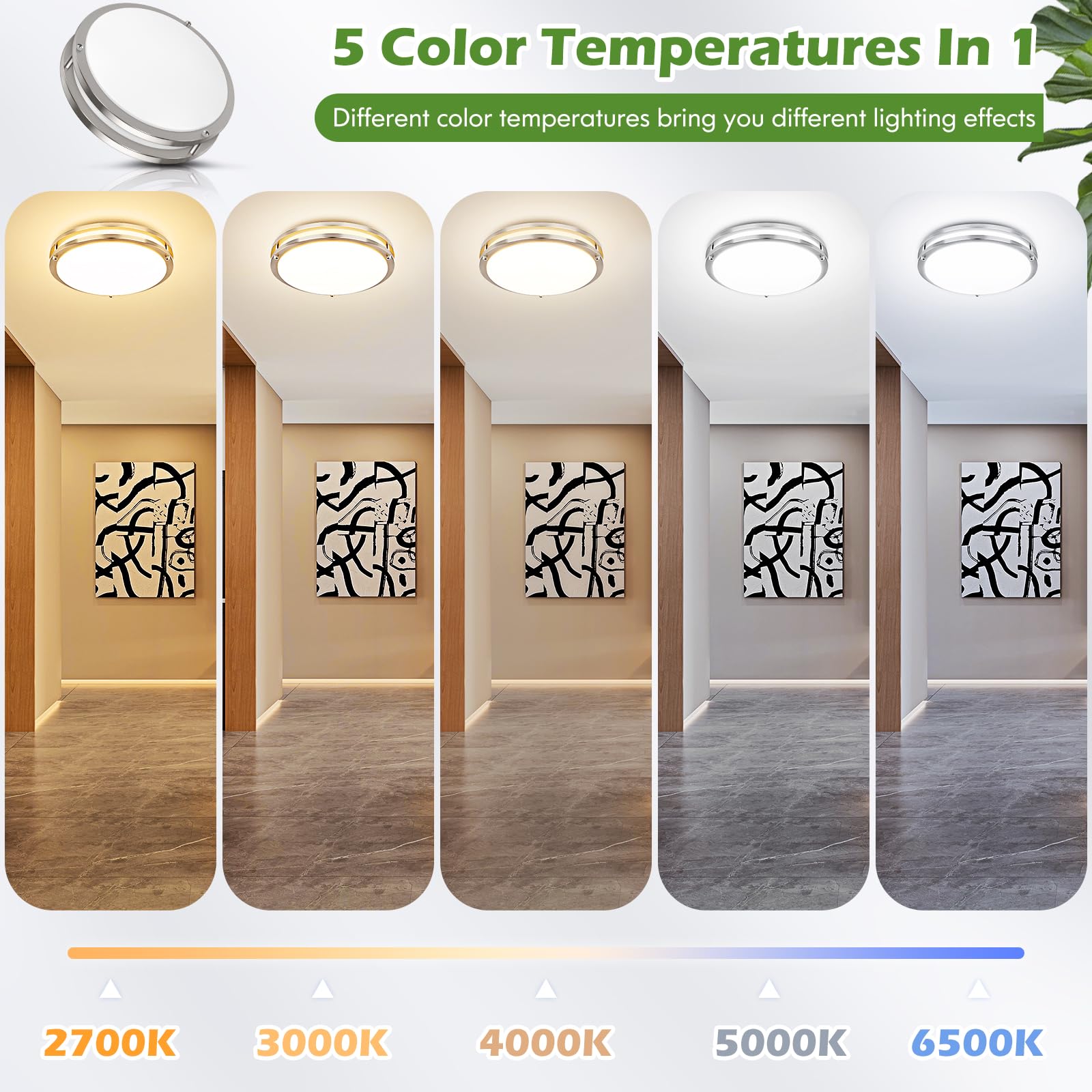 16 Inch 50W Led Ceiling Lights, Dimmable Brushed Nickel Flush Mount Ceiling Light, 2700K/3000K/4000K/5000K/6500K Adjustable, 540