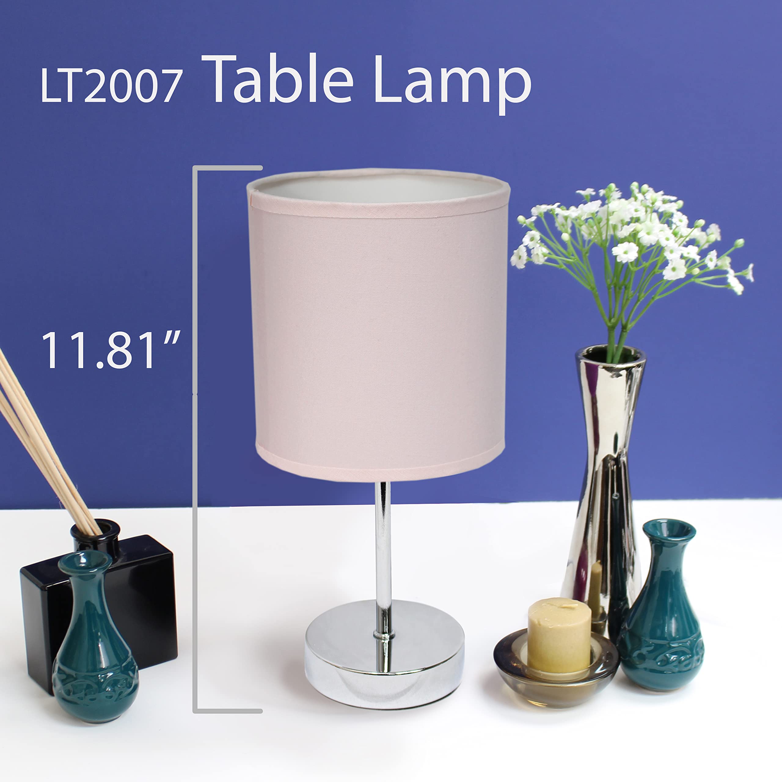 Simple Designs Lt2007-Bpk-2Pk Chrome Mini Basic Table Lamp With Fabric Shade 2 Pack Set, Blush Pink