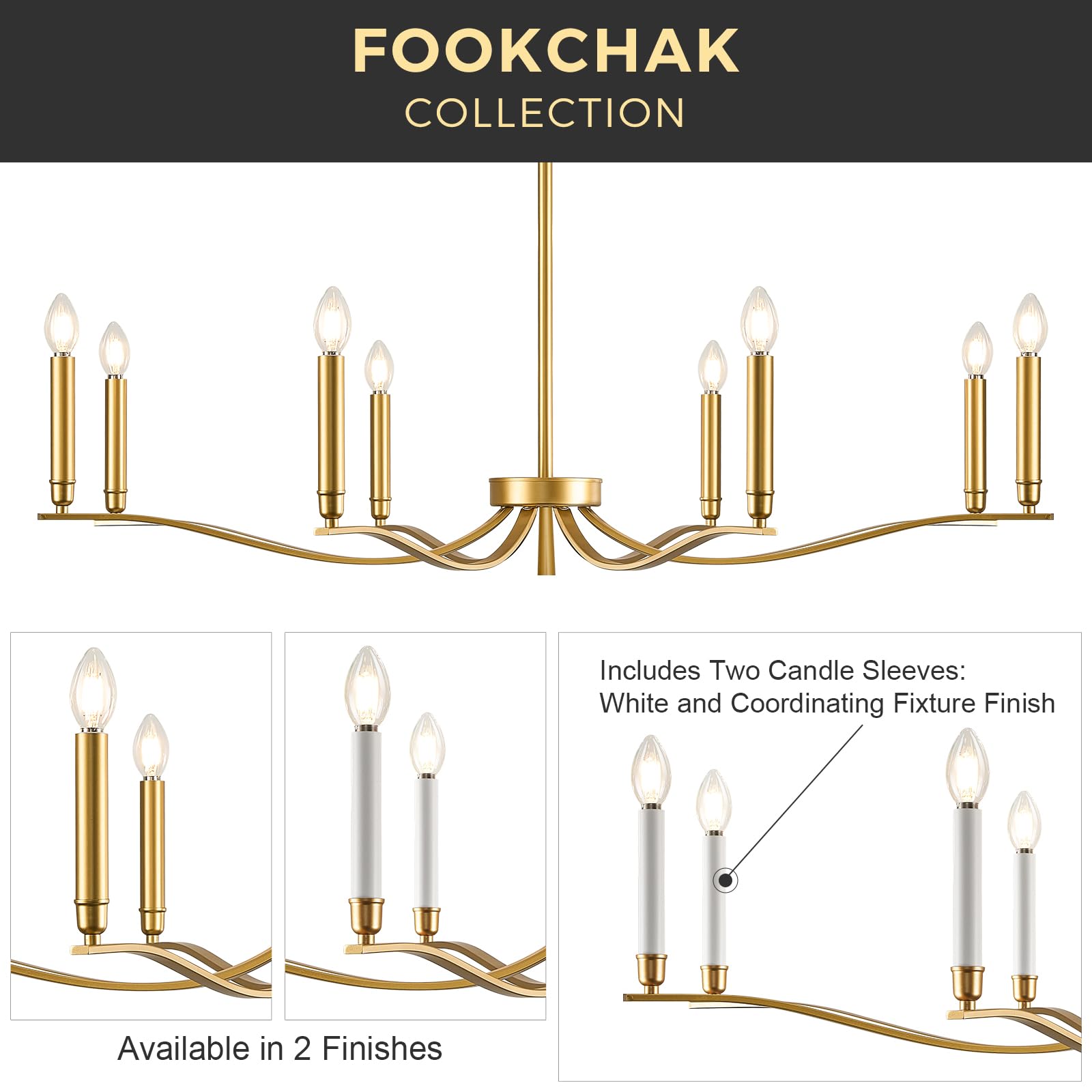 FookChak 8-Light Gold Brass Chandelier - Modern Metal Lighting Fixture for Dining Room, Entry Foyer, Living Room, 44in Model 40