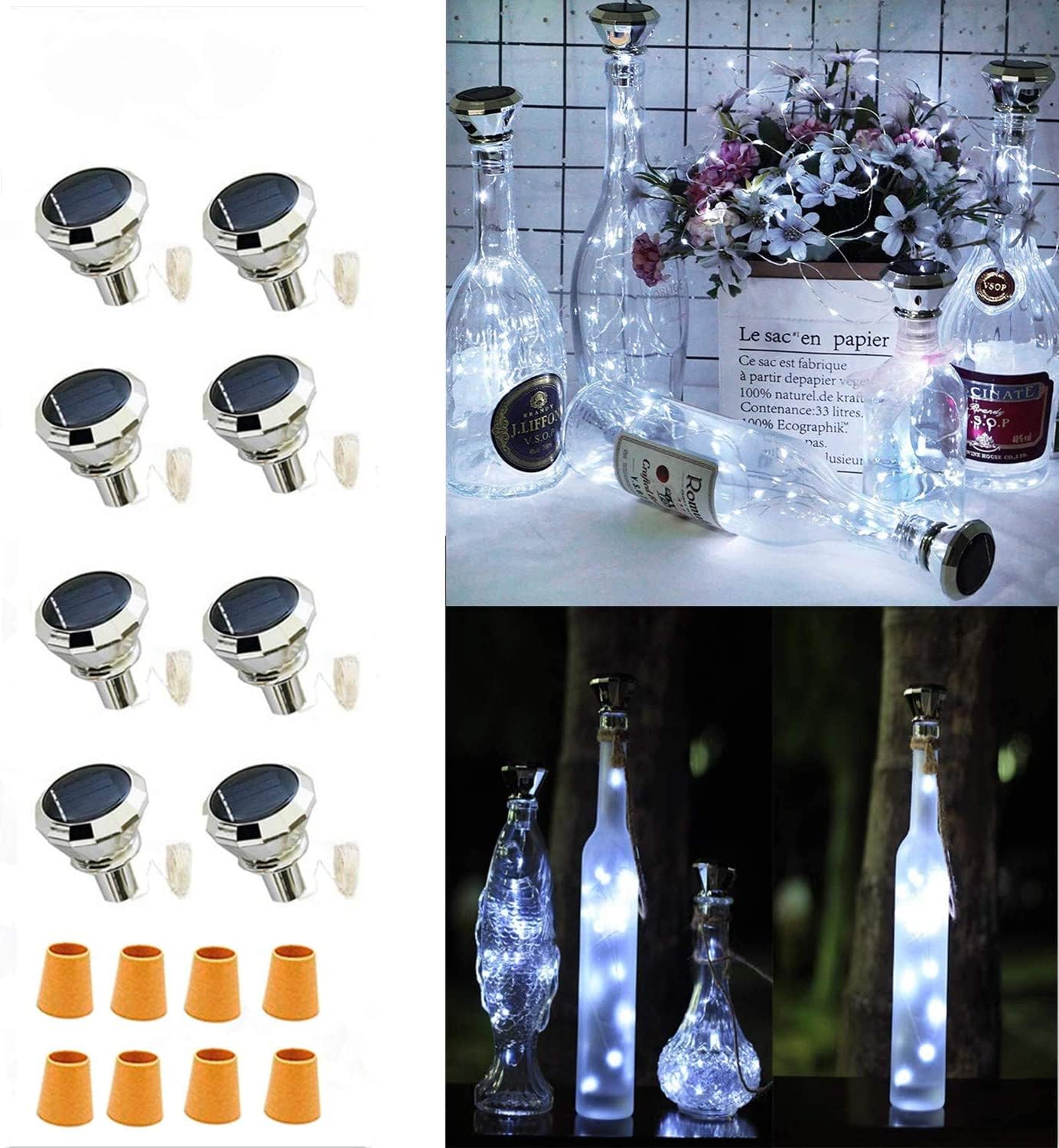 Solar Cork Lights Outdoor - Waterproof Fairy Lights for Wedding Party  Garden  Patio & Pathway Decor - Suitable for Most Beverage Bottle Mouths - Cool White (8 Pack)