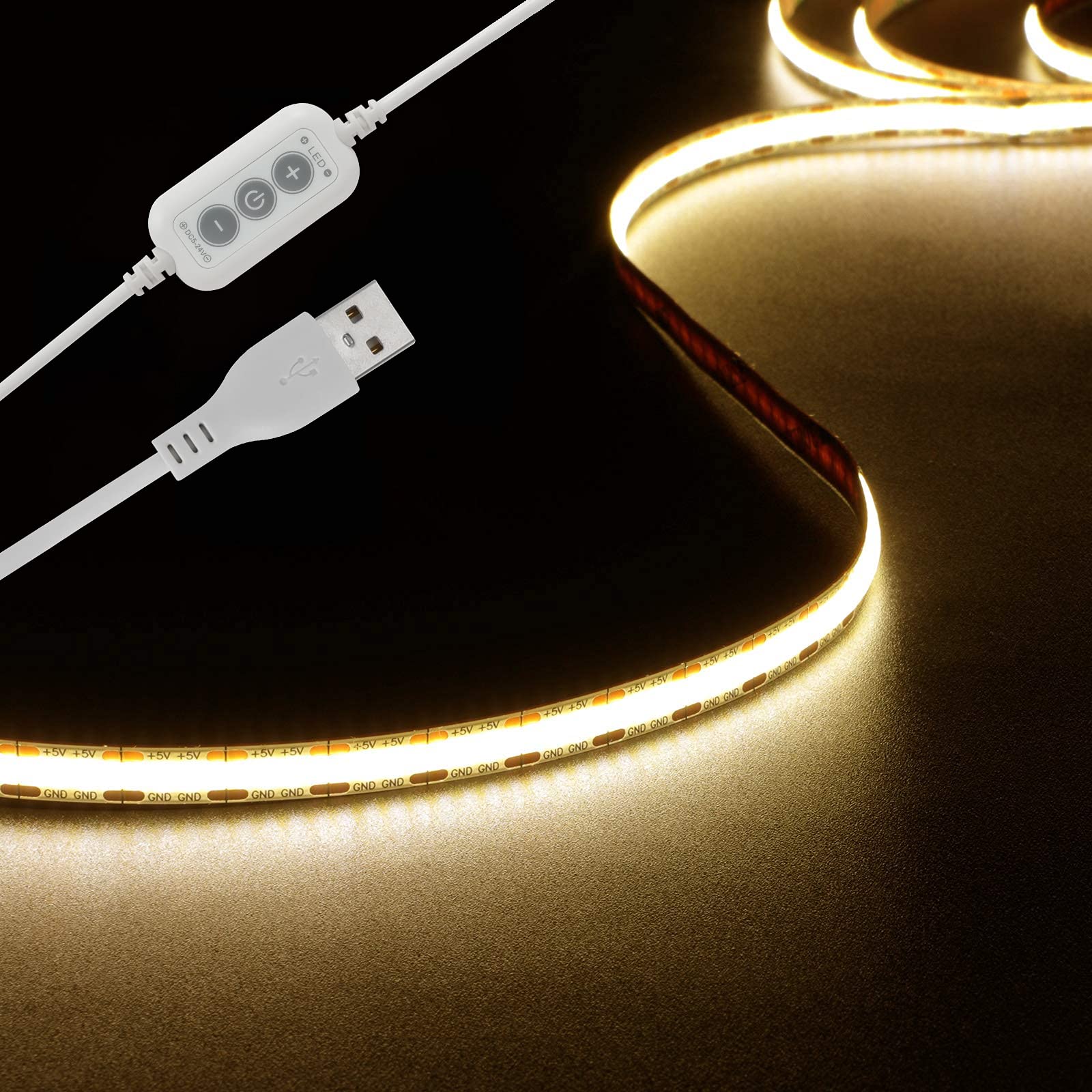 dephen 5V USB LED Strip Lights, Warm White, 4.92ft, Dimmable COB, 3000K, Model HH-SCOBWW-320-5-IP20