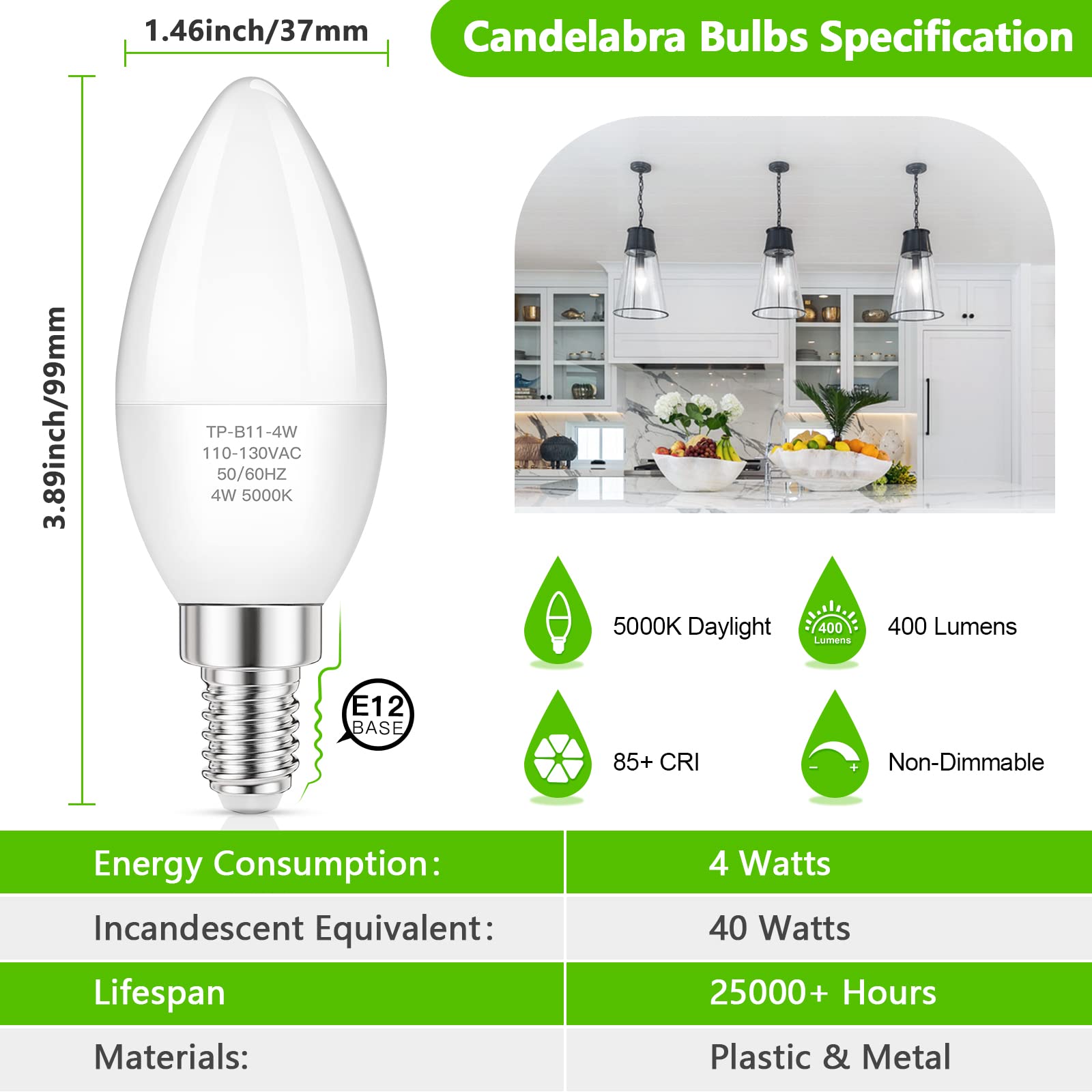 MAXvolador E12 LED Candelabra Light Bulbs 40W Equivalent, Daylight White 5000K 4W Chandelier Bulbs, 400 LM Candle Bulb Base, Non