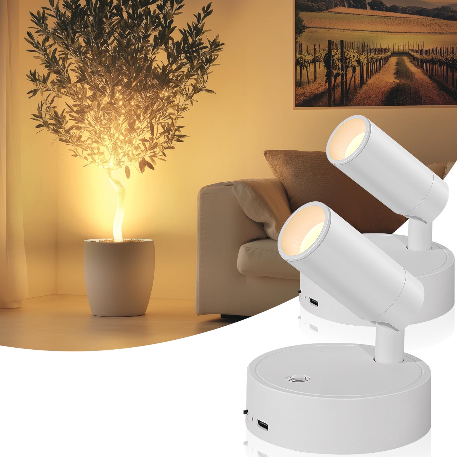 TaoFiaCo Wireless Led Spotlight Indoor, Plant Spotlight Indoor with Remote Dimmable, 350 Rotate,Uplighting Battery Powered Ceili