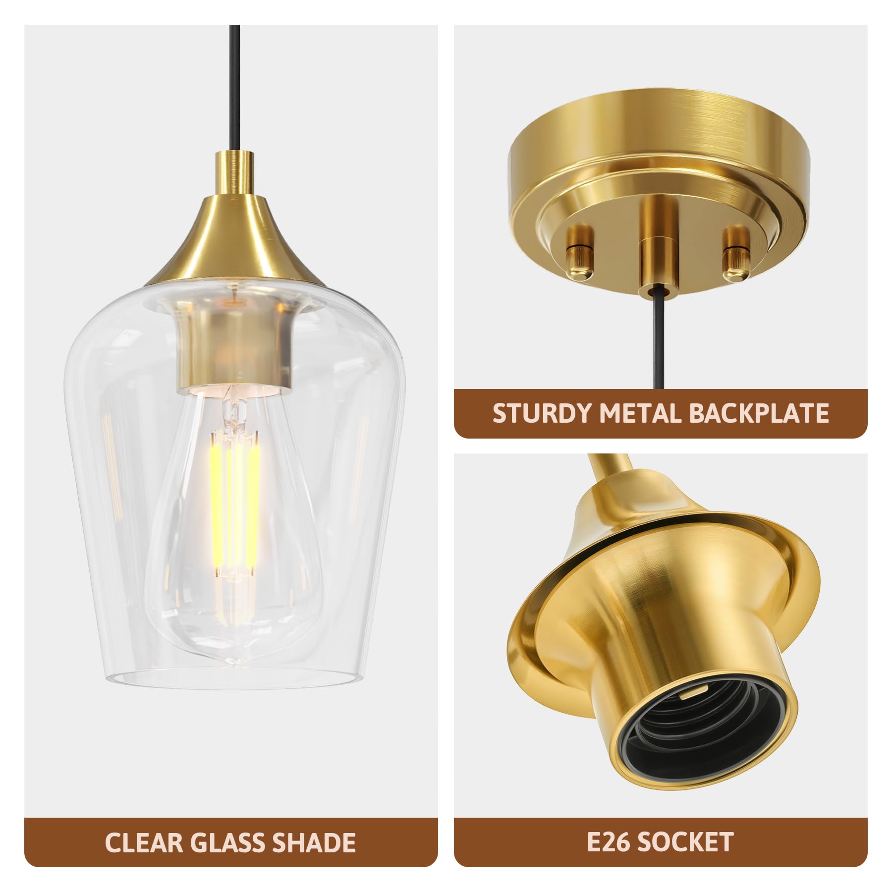 VONLUCE Pendant Lights for Kitchen Island, Brushed Gold, Metal, E26 Base, Adjustable Cable, 2 Packs, Modern Glass Shade