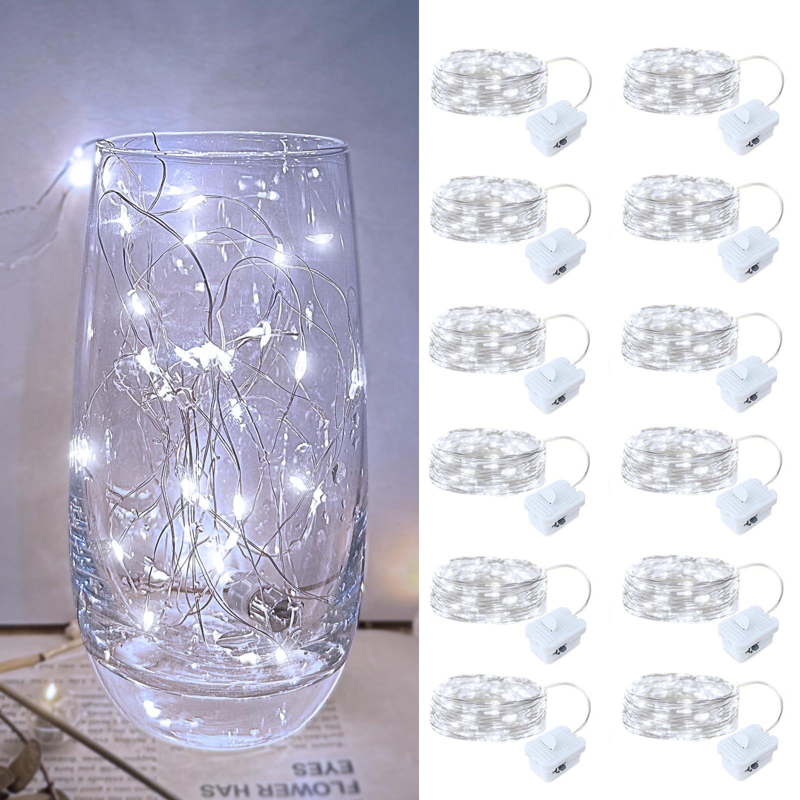 24 Pack Led Fairy Lights - White  Battery Operated LED Silver Wire String Lights  7FT 20LED Mini Firefly Starry String Lights Waterproof Led Twinkle Lights for Mason Jar DIY Christmas Decor