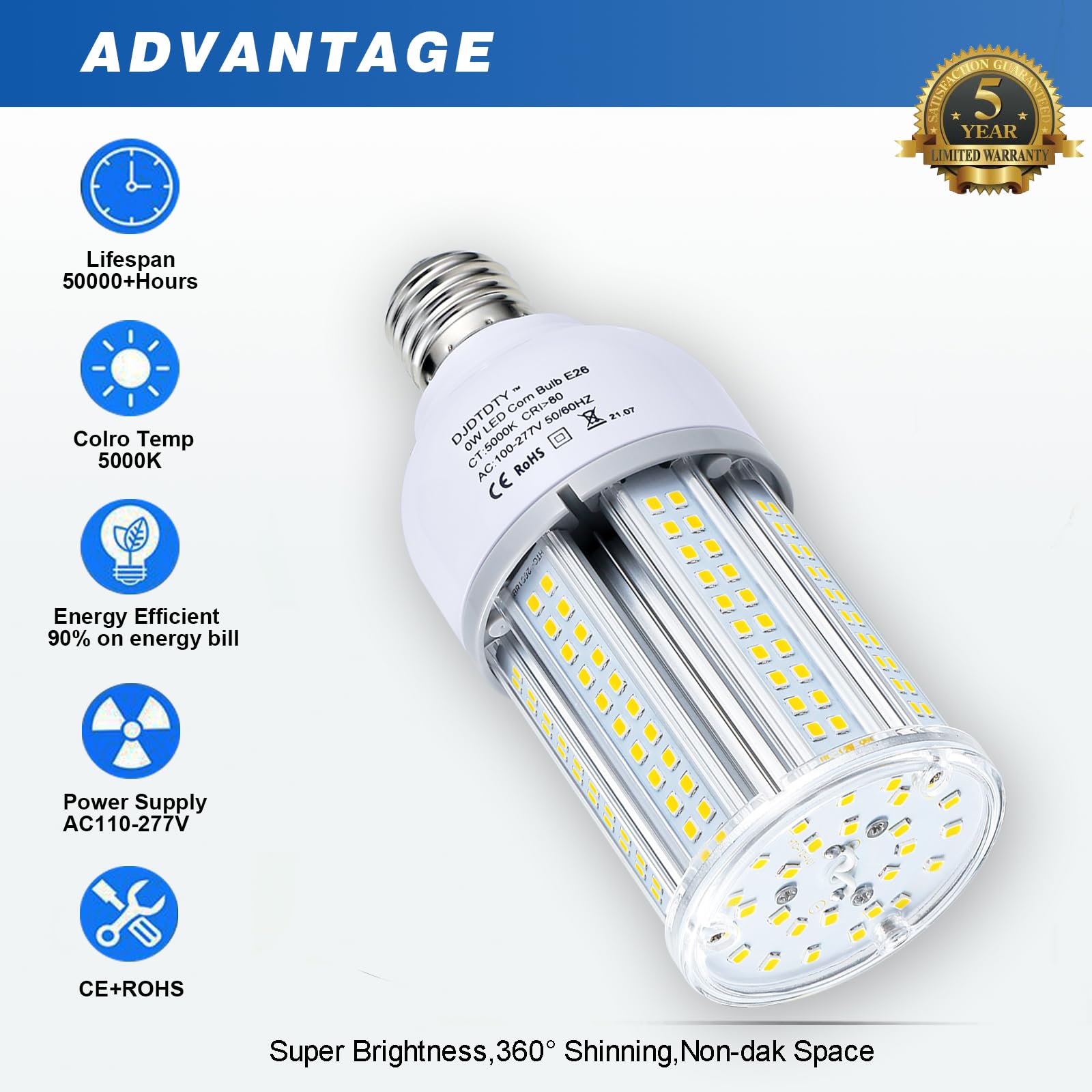 DJDTDTY LED Corn Light Bulb 35W, 5000 Lumen, E26 Base, 5000K Daylight, 2 Pack, Aluminum