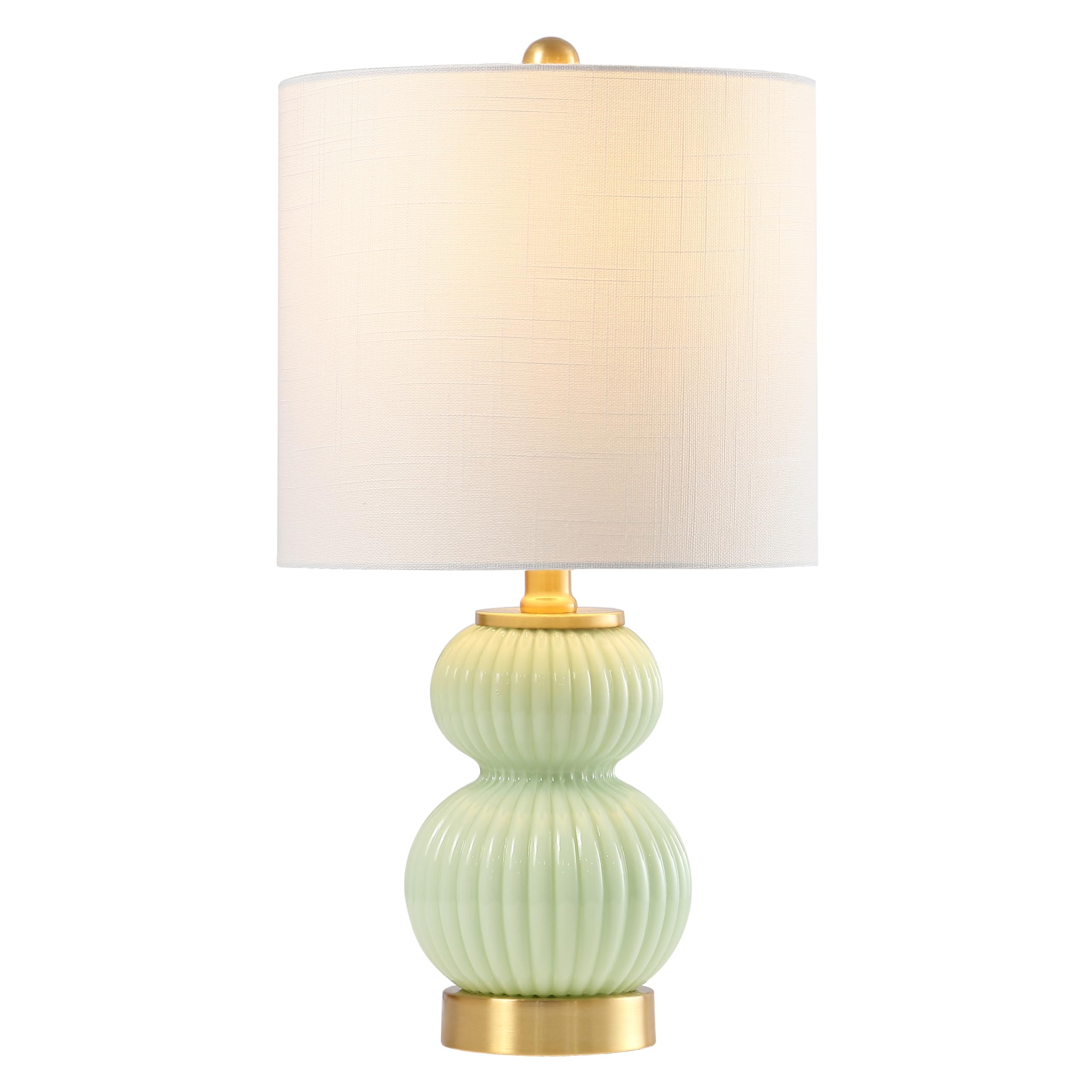 JONATHAN Y 20 Mint Green/Brass Gold Ribbed Gourd Glass Table Lamp, Modern Bedside Lamp for Bedroom Living Room, White Linen Drum