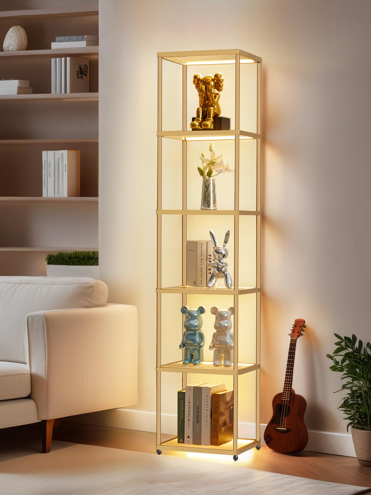 MANBUR Display Shelf with Dimmable LED Floor Lamp, Display Cabinet with Glass Bookcase, Home Decor, Bedroom Decor, Bookshelf wit