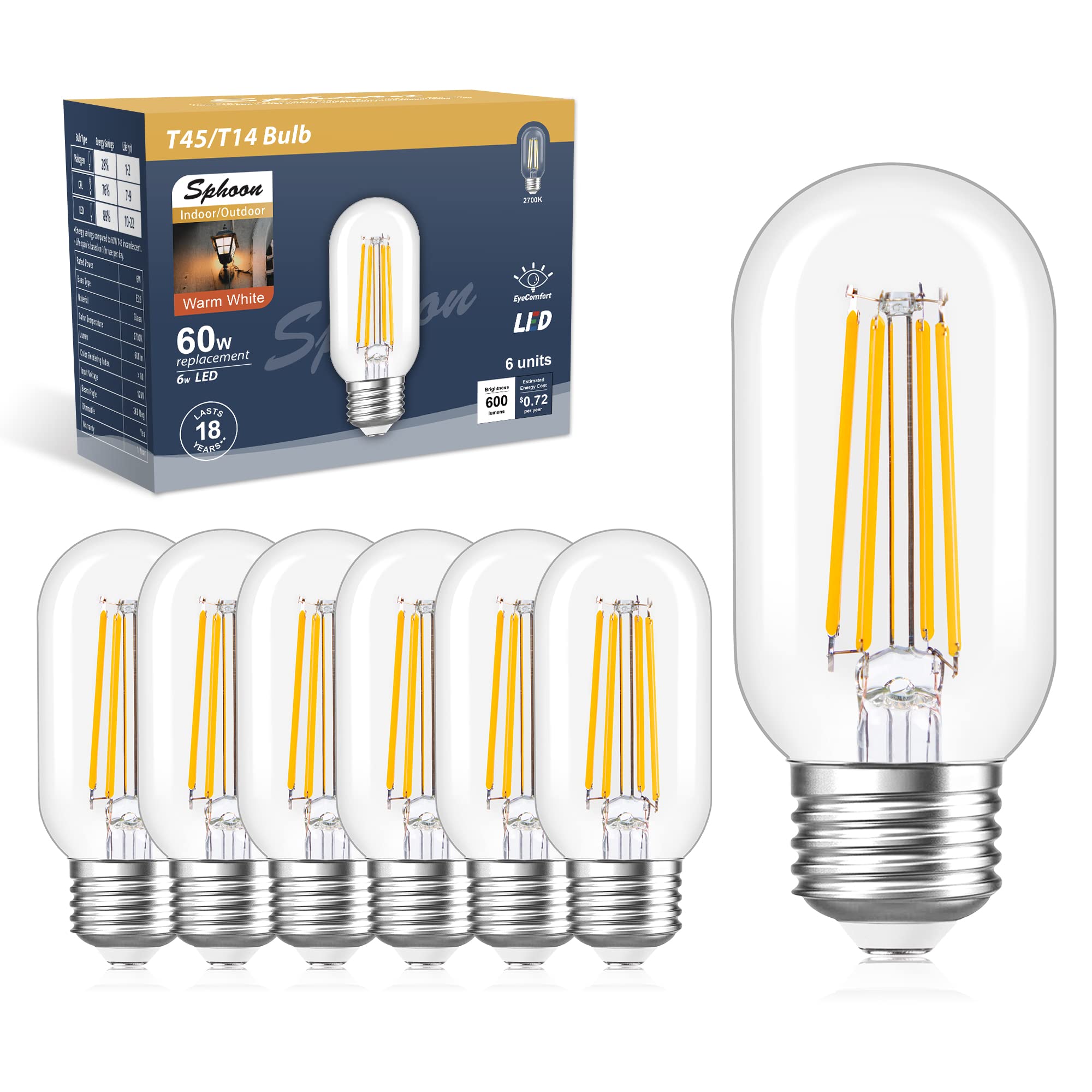 Sphoon Dimmable Tubular Led Bulb, 6W E26 Bulb T45 T14,60 Watt Edison Vintage Bulbs,Warm White 2700K,Clear Glass, 600Lm,Pack Of 6
