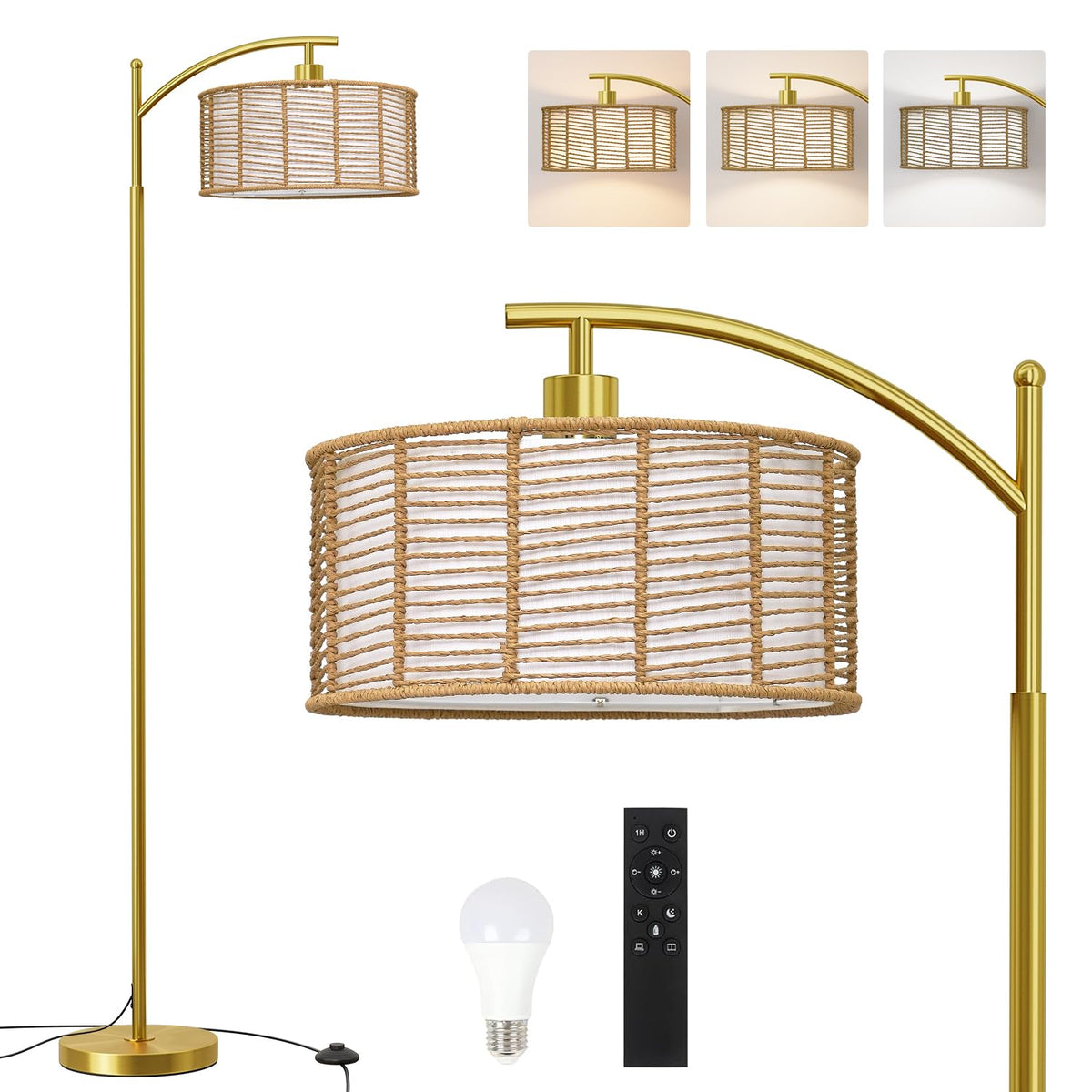 Oneach 62.5'' Gold Arc Floor Lamp For Living Room, Rattan Boho Floor Lamp With Remote And Dimmable Bulb, 3 Color Temperatures, F