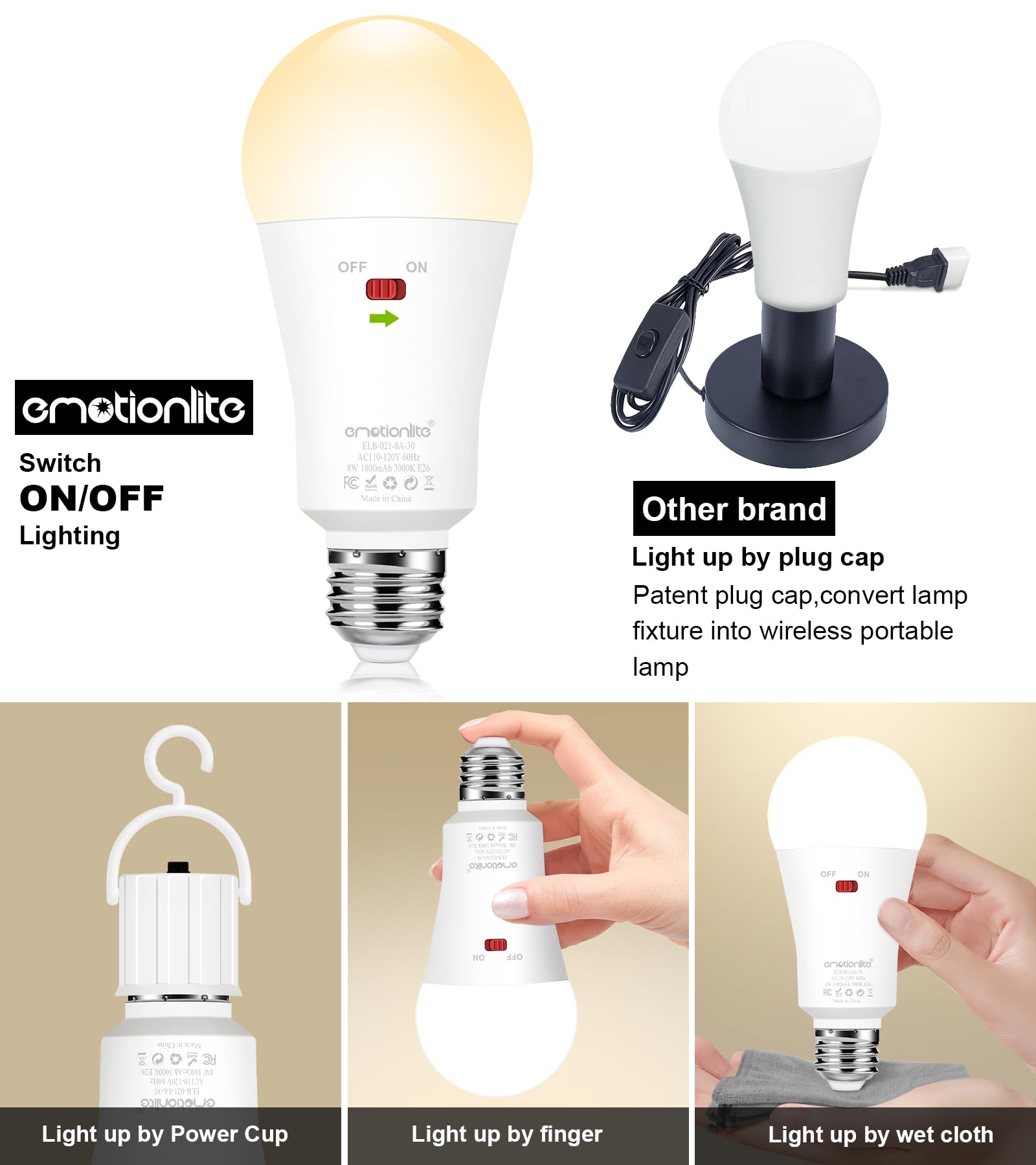 Emotionlite Rechargeable Emergency Light Bulb, 1800mAh, 3000K Warm White, E26 Base, 6 Pack, Dimmable Brightness for Home and Camping