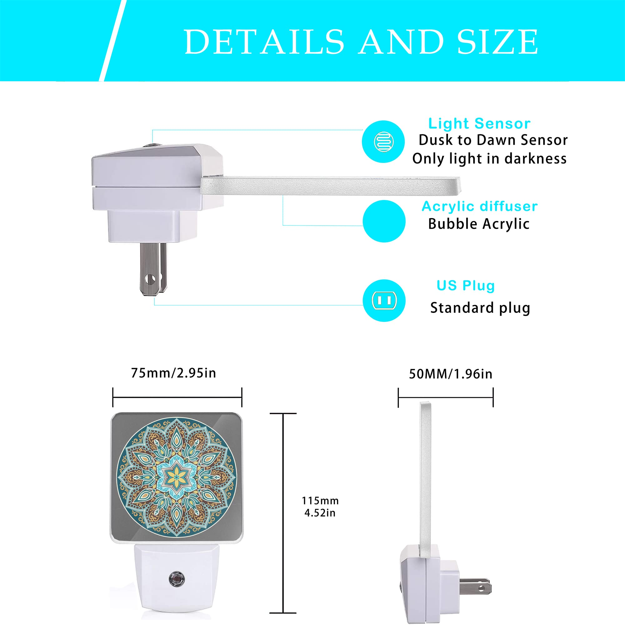 Oeaskly Mandala Floral Night Light,Yellow And Brown Ethnic Style Plug-In Night Lights With Dusk-To-Dawn Sensor For Stairway/Hall