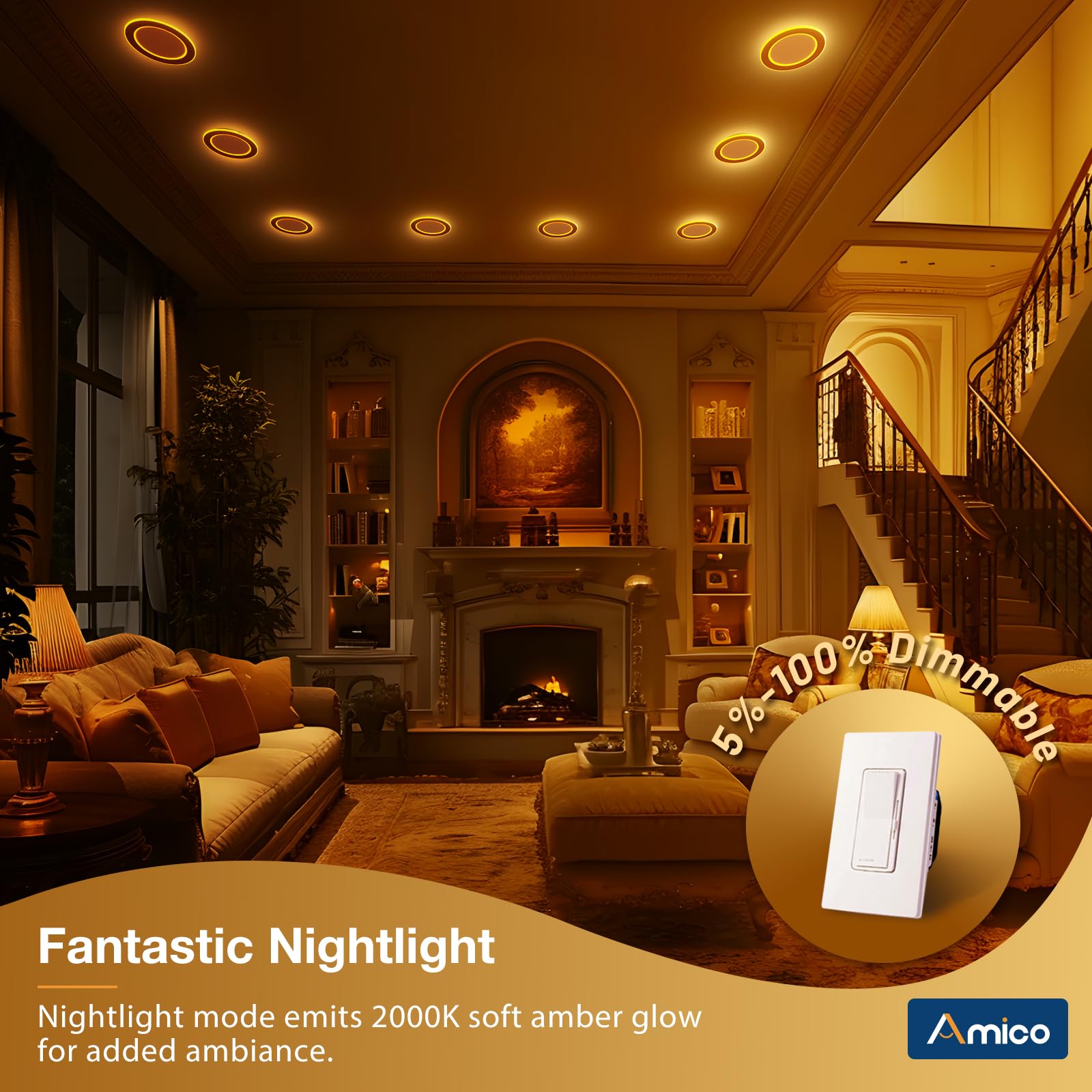 Amico 1 Pack 6 Inch 5Cct Led Recessed Ceiling Light With Double Ring Night Light, 2700-5000K Selectable Ultra-Thin Recessed Ligh