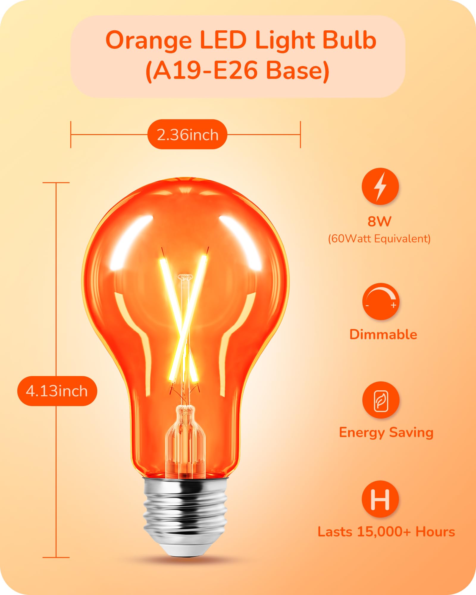 EDISHINE 8W A19 Dimmable LED Light Bulb, Orange Glass Filament, E26 Base, UL Listed, 4 Pack