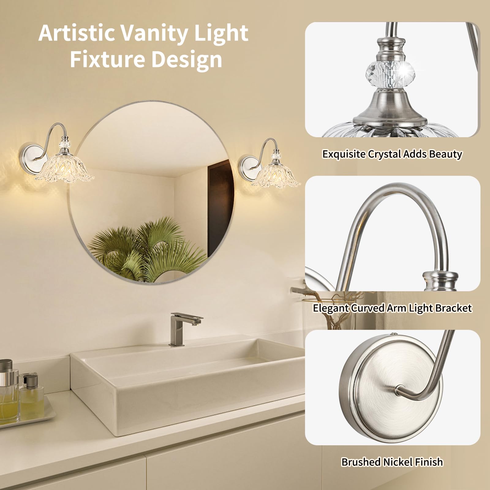 sunkryster Brushed Nickel Wall Sconce - 1-Light Modern Bathroom Vanity Light with Floral Clear Glass Shade, Model Sun-104AB-1-Nickel