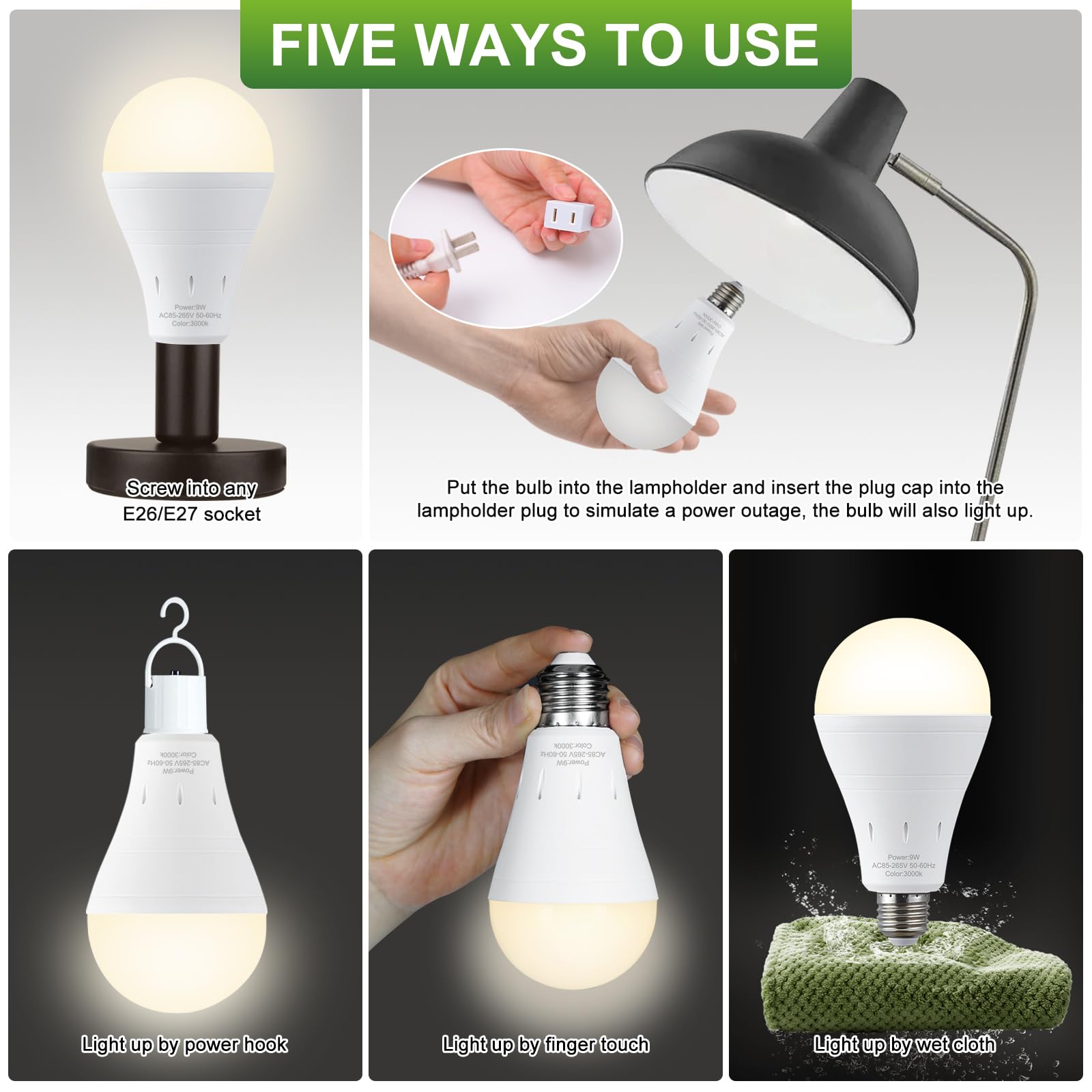 Debaobulb 4 Pack Rechargeable Emergency Light Bulbs, Battery Powered Led Light Bulb 3000K Warm E26 120 Volt 9W 60W Equivalent Wi