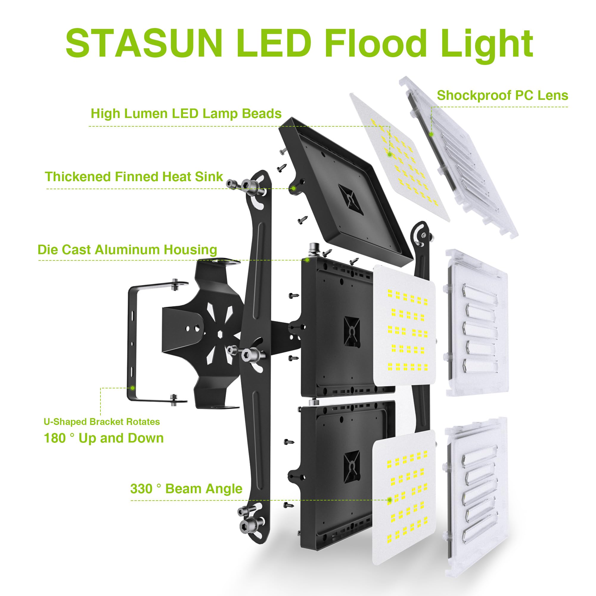 2 Pack Led Flood Lights Outdoor, Stasun 300W 30000Lm 6000K Daylight White Ip66 Waterproof, Commercial Parking Lot Lights, 3 Heads For Yard Street Stadium Outdoor Area Floodlight Bright Security Lights