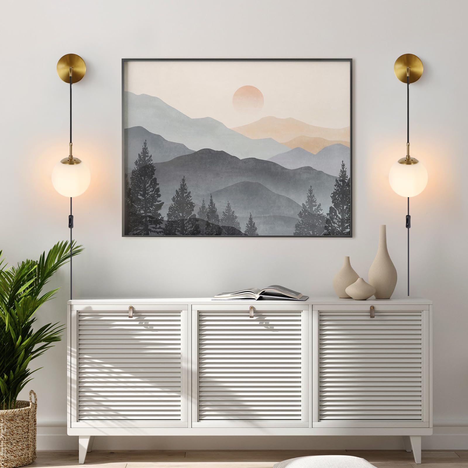 KUZZULL Wall Sconces Set of Two Plug in Wall Sconces Brushed Brass Gold Wall Lamp with Cord Wall Sconce Plug in with Globe White