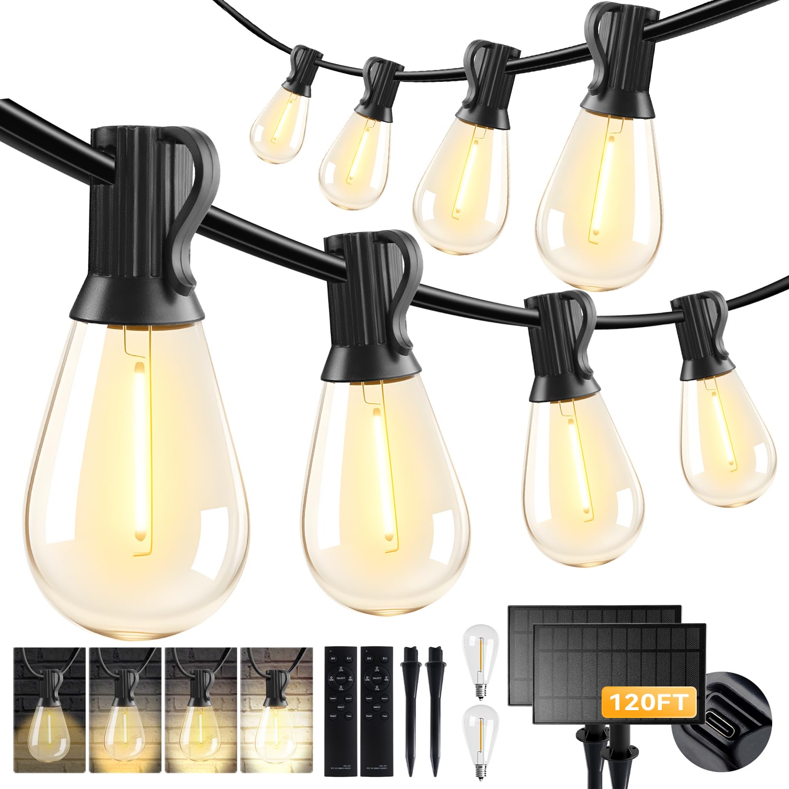 HJQ Solar String Lights 120FT(60x2) with Remote & USB, 20+1 LED Shatterproof Bulbs, Waterproof Black Model GY-S-C40