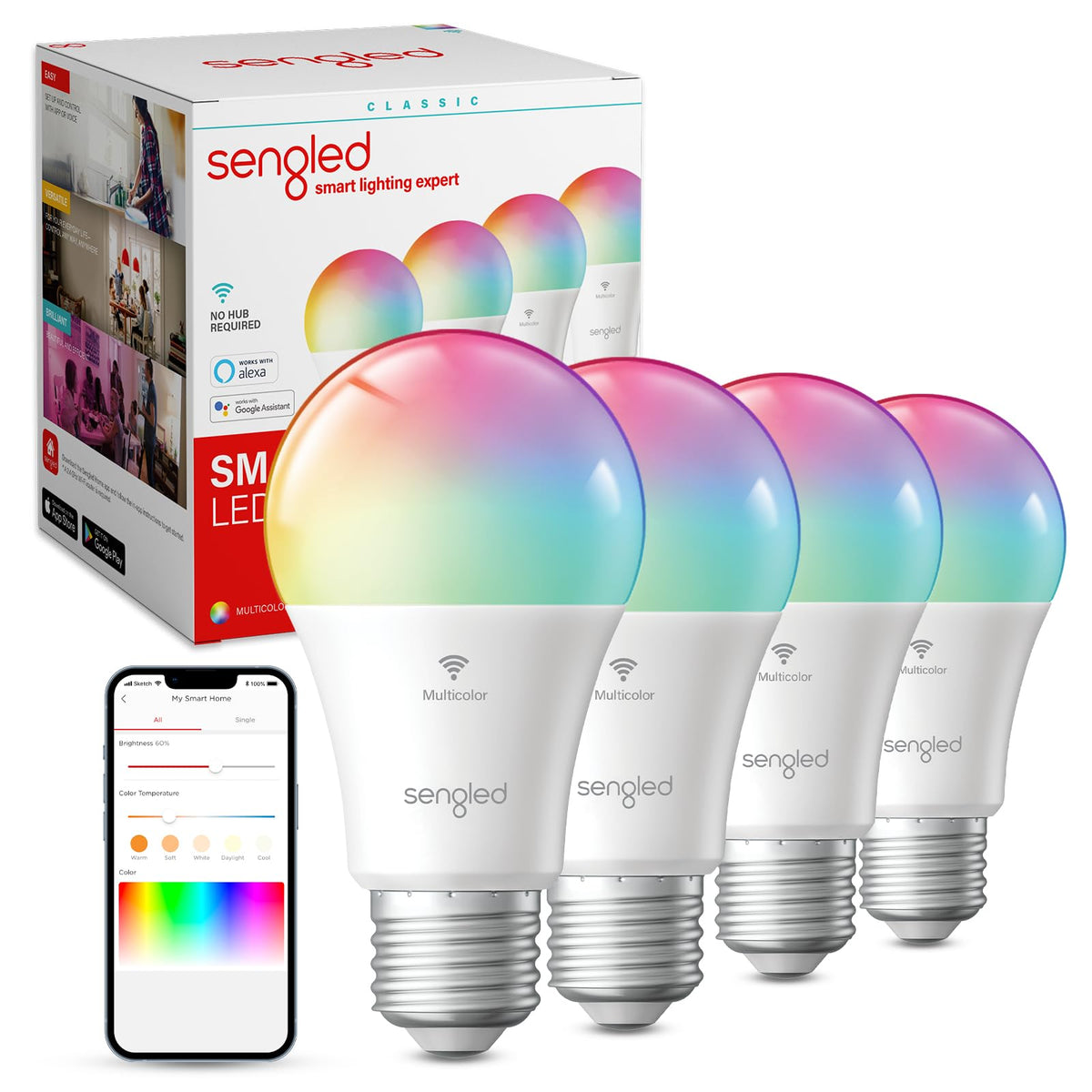 Sengled WiFi Color Changing Light Bulb, Alexa Smart Light Bulbs that Work with Alexa & Google Assistant, A19 RGB No Hub Required, 75 W Equivalent 800LM CRI>90, Set of 4