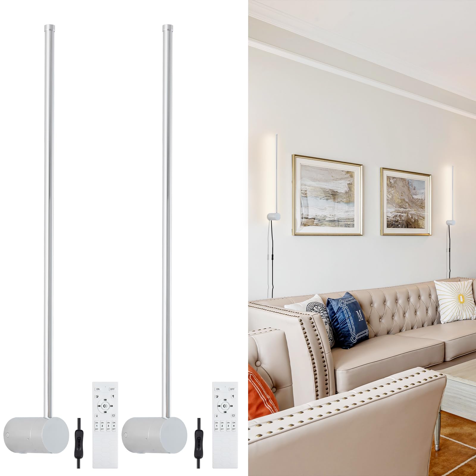 Keluoly Modern Led Plug In Wall Sconces Set Of Two,Chrome Dimmable 23.6" Wall Lighting,Bathroom Vanity Light Fixtures,Metal Wall Lamps With Memory Function For Bathrooms,Bedrooms,Living Rooms,Hallway