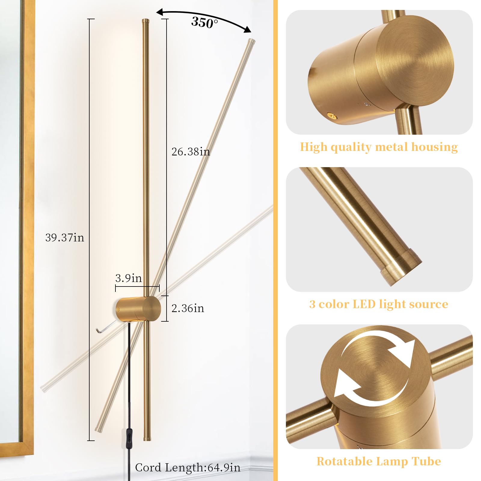 KELUOLY Dimmable Wall Sconce Set of 2, 39.37" LED Light, Gold, Remote Control, Adjustable Brightness for Living Room & Bedroom