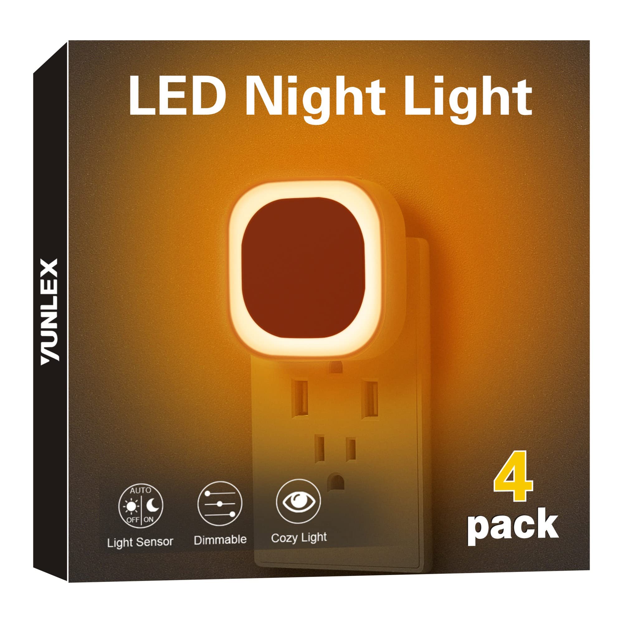 YUNLEX 4 Pack Plug in Dimmable Amber Night Light, Auto Dusk to Dawn Sensor,Soft Glow, Diffused Light, LED Night Light for Kids, 