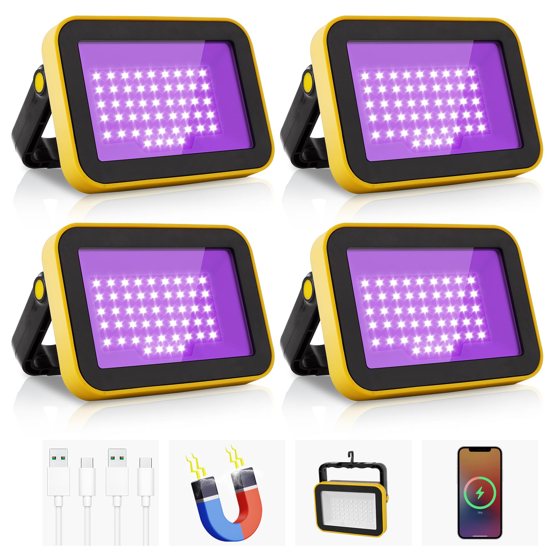 Crepow 400Nm Rechargeable Led Black Light - Portable Uv Flood Light For Parties & Decorations, 4 Pack