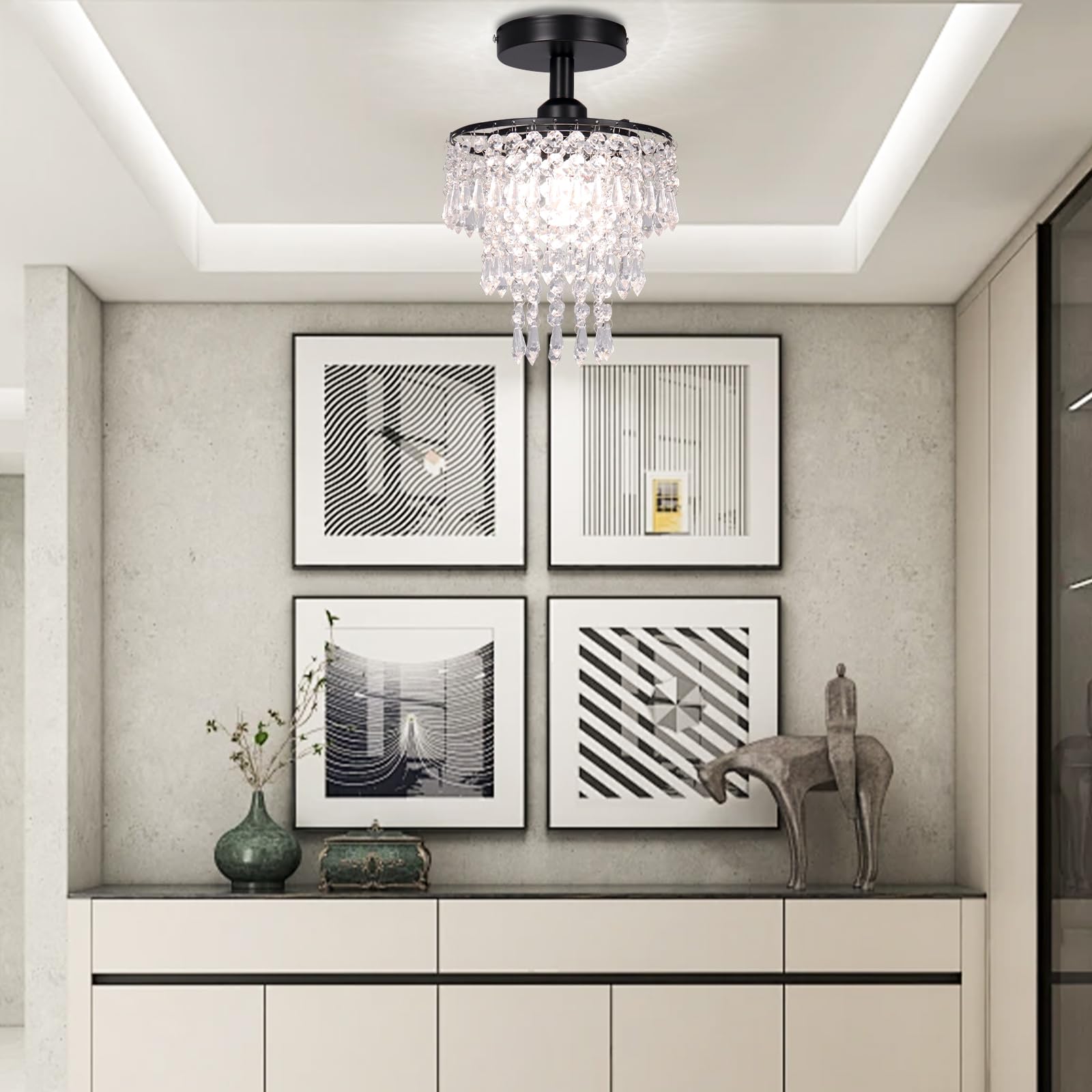 Frixchur Black Crystal Chandelier Flush Mount Light, 3-Tier Raindrop Design For Home Decor