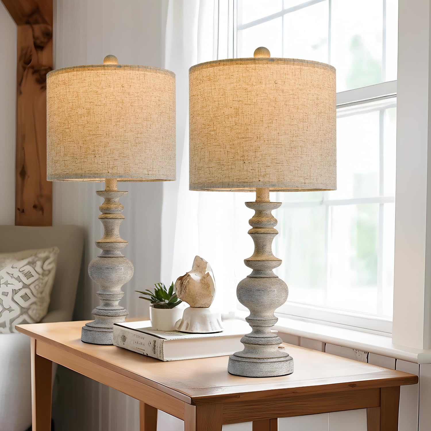 Bobomomo 24Farmhouse Retro Table Lamp Set Of 2, Traditional Resin Lamps For Living Room Bedroom, Vintage Bedroom Lamps With Line