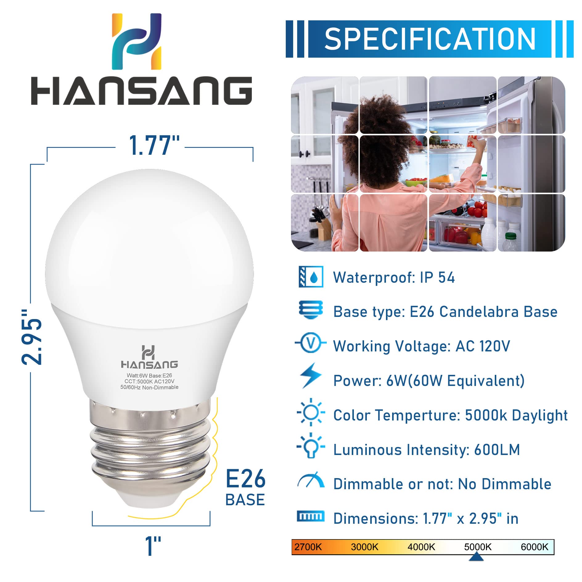hansang E26 LED Refrigerator Bulb, 60W Equivalent, 5000K Daylight, Waterproof, 2 Pack, Non-Dimmable, Aluminum