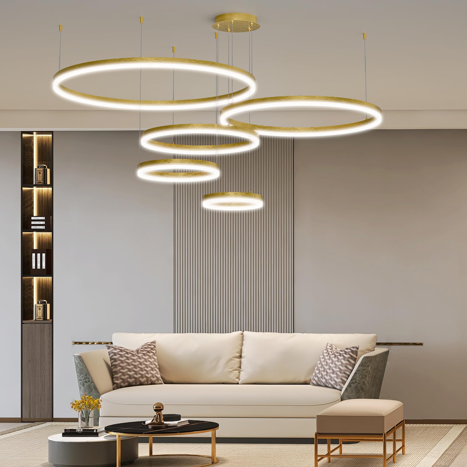 Matven Modern Ceiling Chandelier Light, Remote Control, Dimmable, 3 Color Modes, Acrylic, 11.8-39.3in, Gold, Model KD-YX