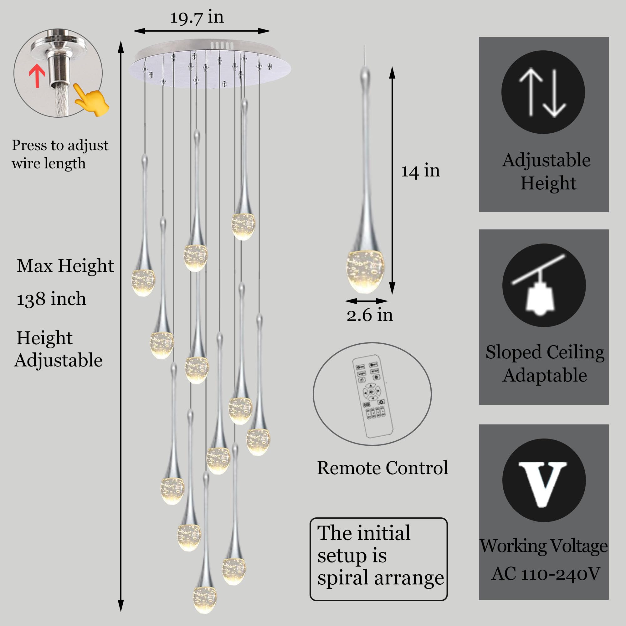Upfelw Modern Crystal Staircase Chandelier, 12 Lights, Polished Chrome, Dimmable LED, H120in , Model UCC-S12-0436