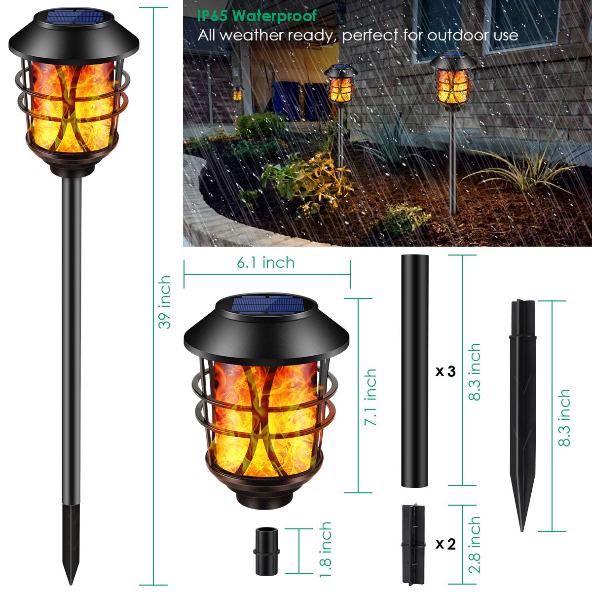 TomCare Solar Flickering Flame Torches, Waterproof Outdoor Lights, 4 Pack, Heavy Duty, Dusk to Dawn Auto On/Off, Black