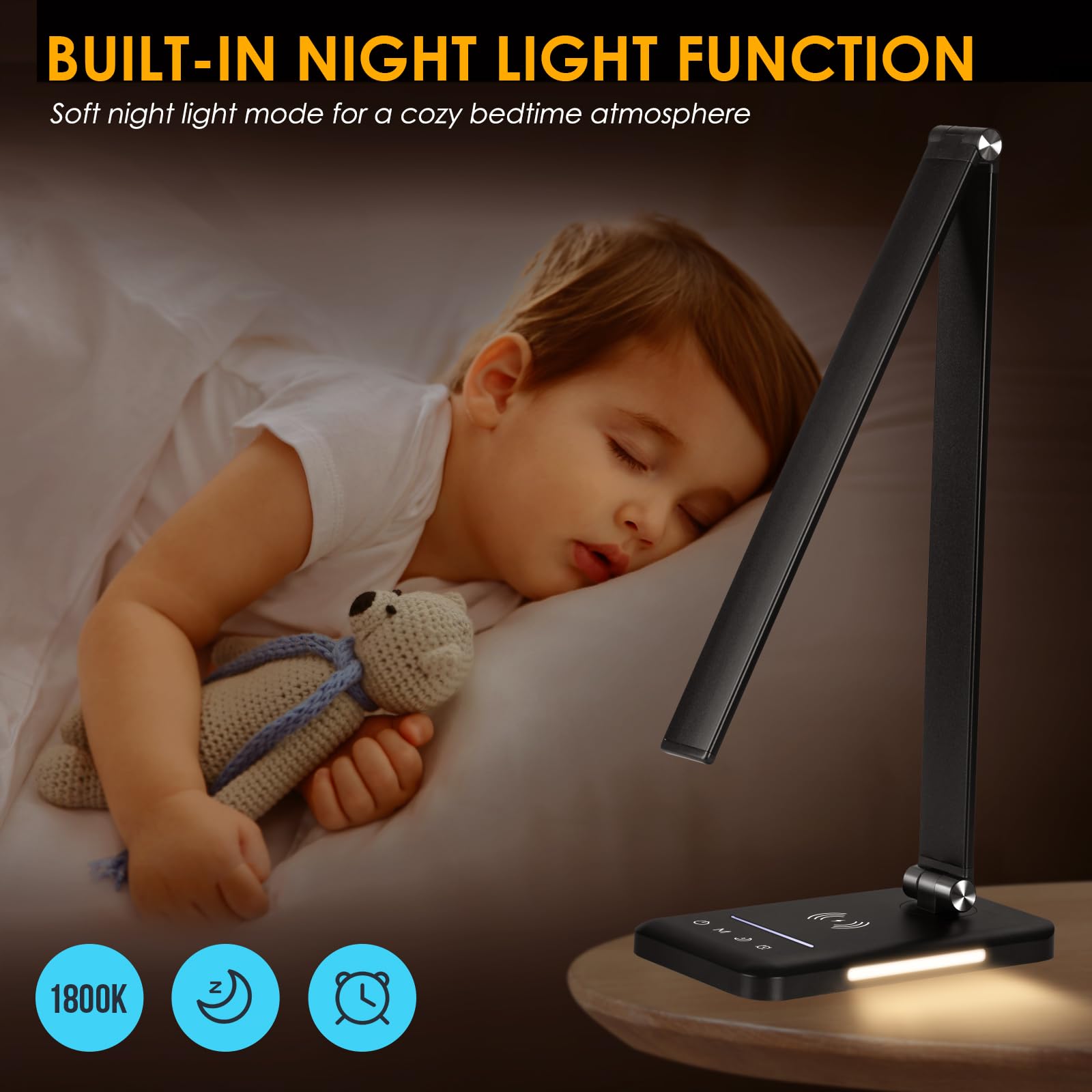 HMFUNTM LED Desk Lamp with Wireless Charger, USB Port, 5 Color Modes, Touch Control, Medium Size, Upgraded Black, Model EK009A