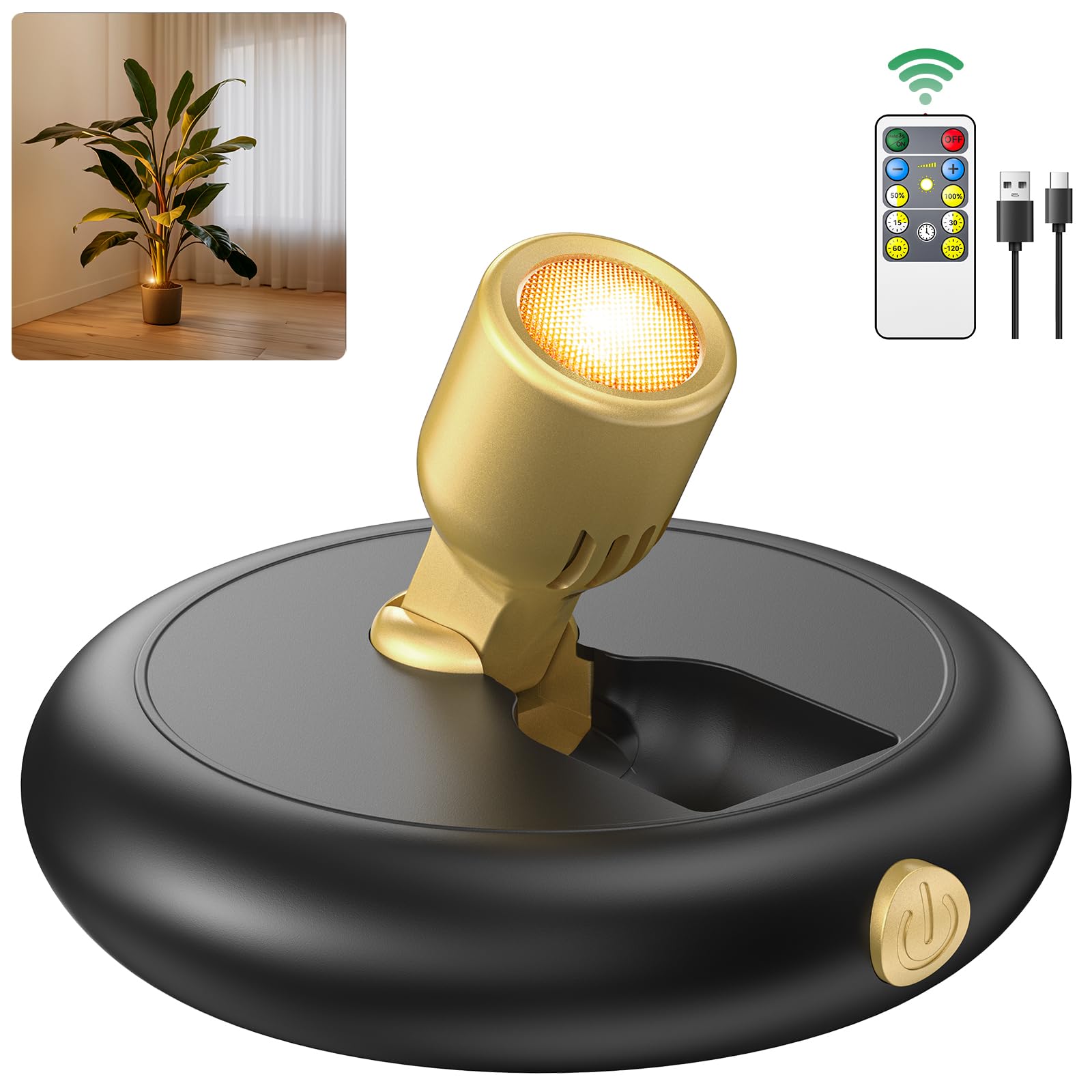 Ler0ktr Rechargeable LED Spotlight - Wireless Mini Accent Light with Timer Remote, Dimmable Uplight for Plants, 1 Pack, Black, Model SL-BG-11