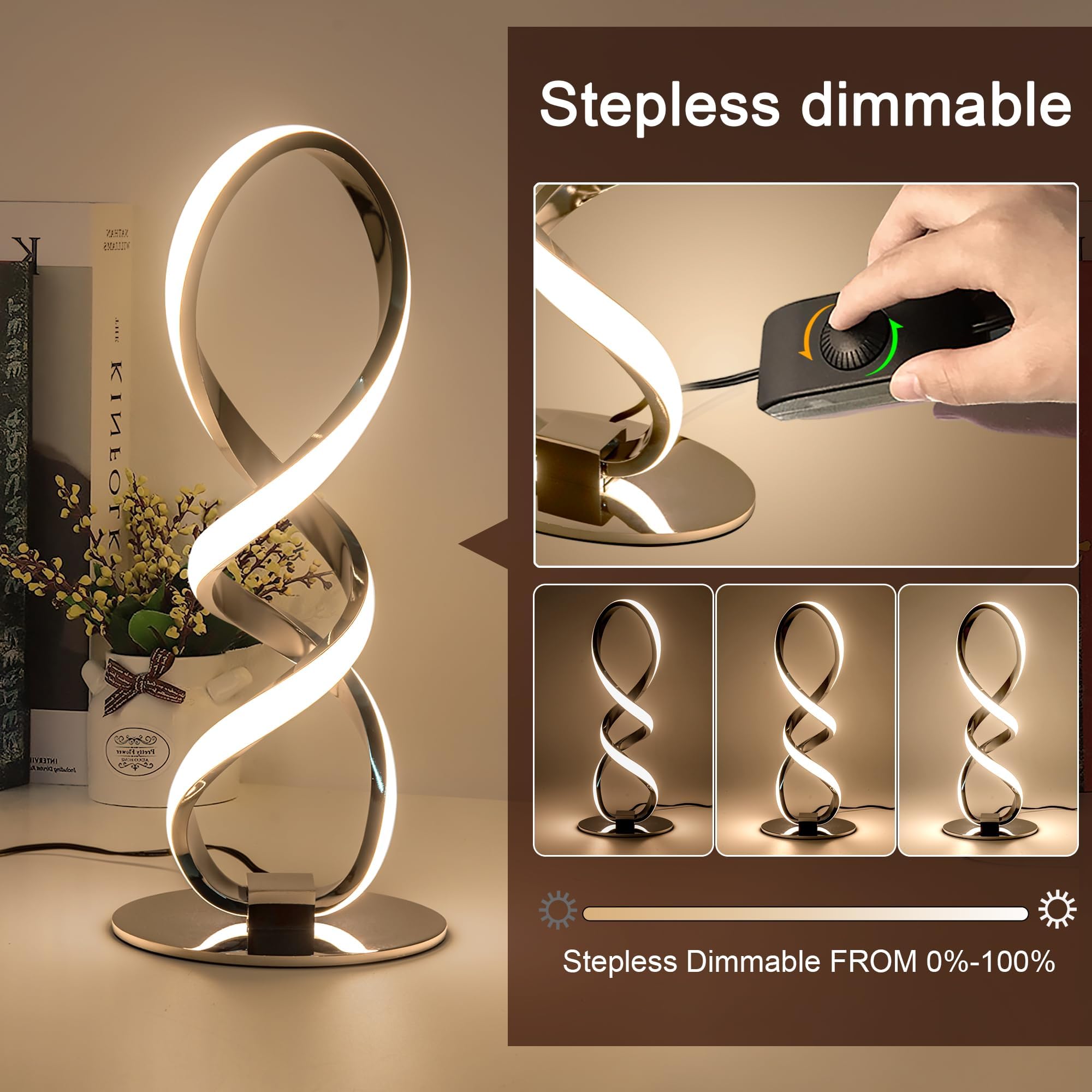 Adebime LED Spiral Bedside Table Lamp, Stepless Dimmable 12W, 3000K Warm White, Modern Nightstand Lamp, Sliver