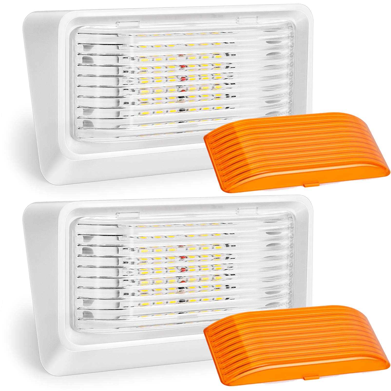 Kohree LED RV Porch Light 320 Lumen 12V Utility Fixture 2 Pack White Base Clear & Amber Lenses Model HP423