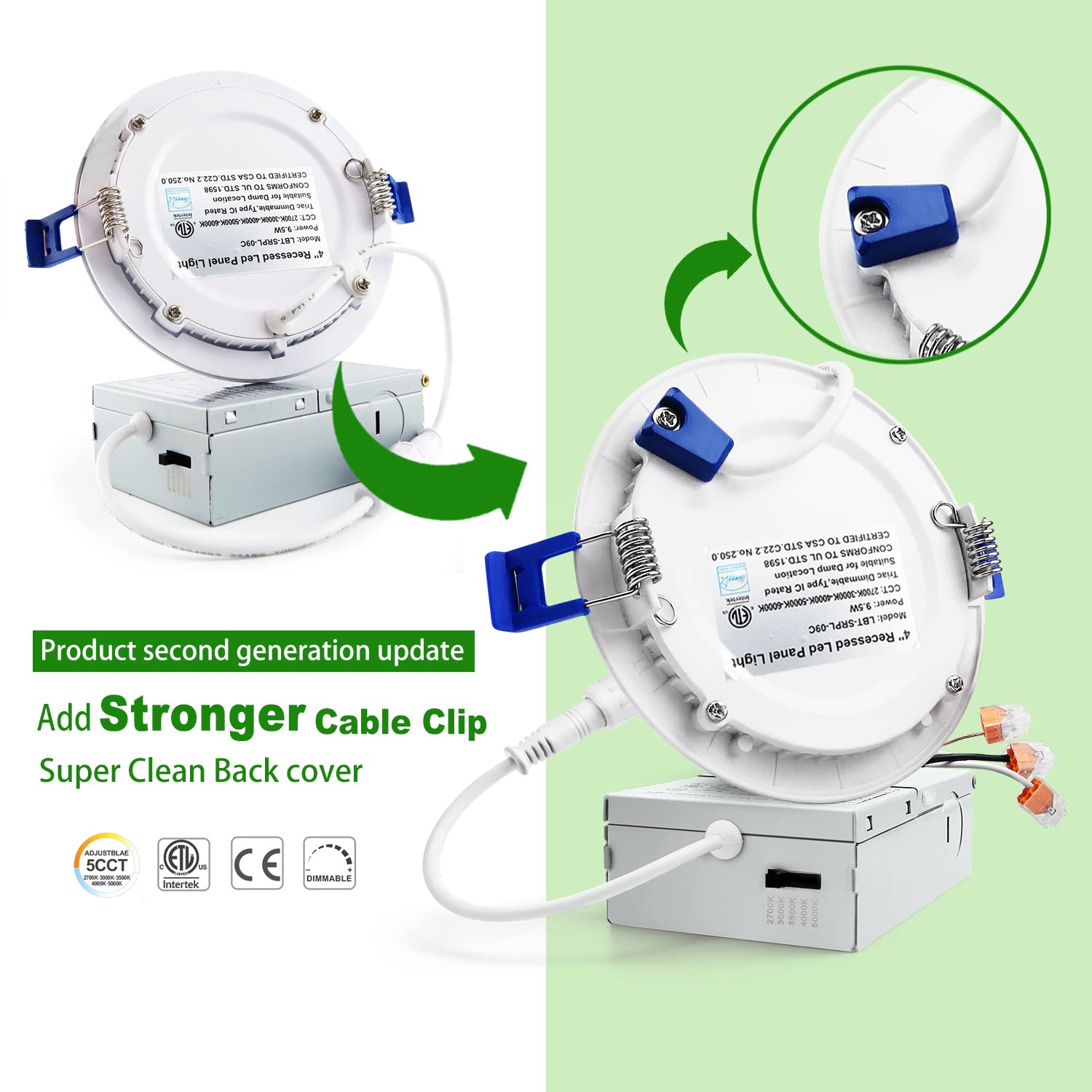 Zouzai 1 Pack 4 Inch 5Cct Ultra-Thin Led Recessed Ceiling Light With Junction Box, 2700K/3000K/3500K/4000K/5000K Selectable, 9W Eqv 80W, Dimmable, Led Can Lights - Etl And Energy Star Certified