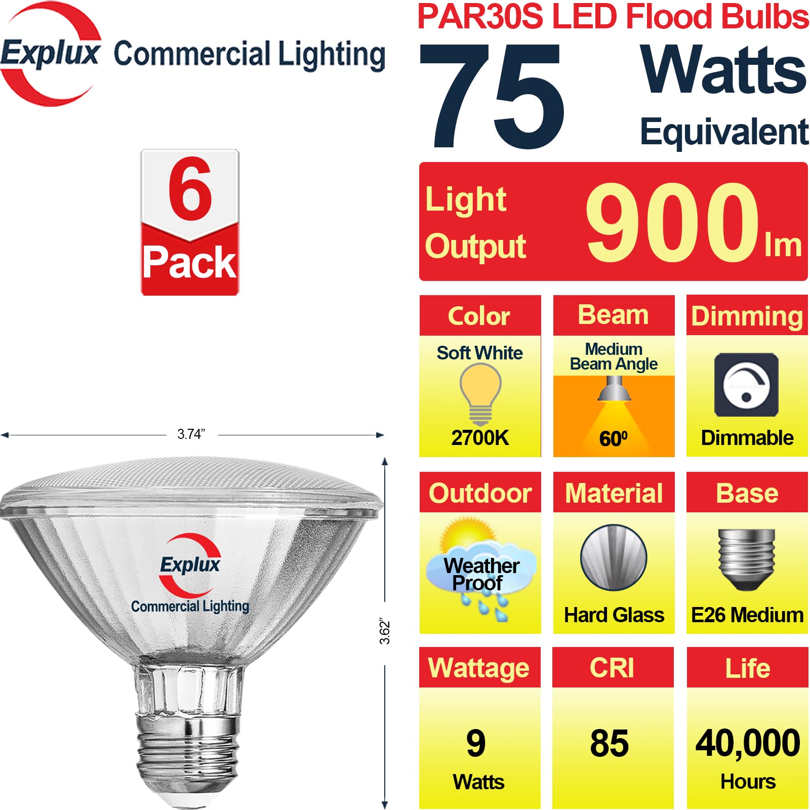Explux Commercial-Grade LED PAR30 Flood Light Bulbs, Dimmable, 2700K Soft White, 6-Pack, 75W Equivalent, Glass Material