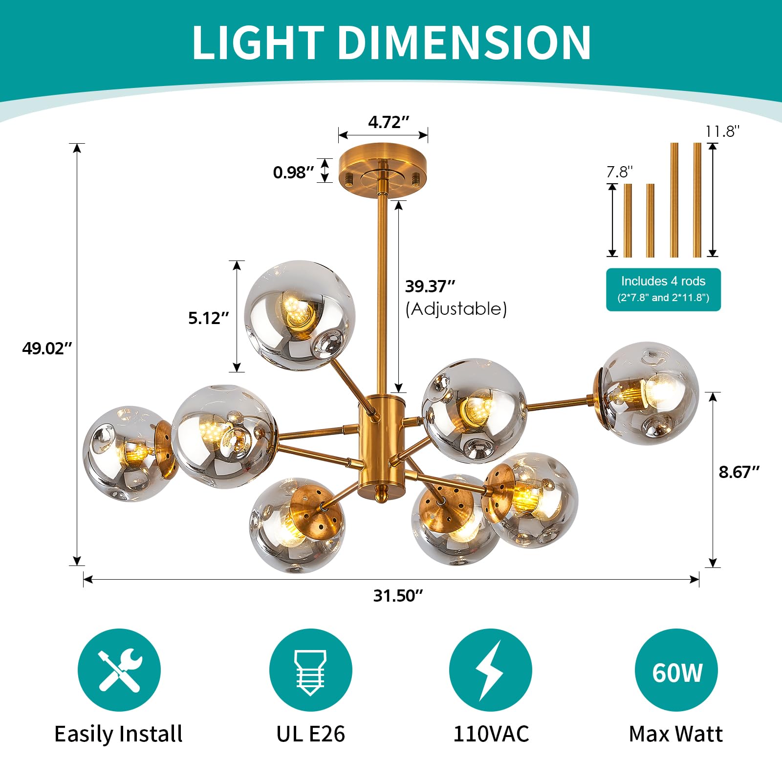 Ddlldeshi Gold Chandelier 8 Head Dining Room Light Fixture, Sliver Glass Globe Shade Kitchen Lights Modern Chandeliers (Ceiling