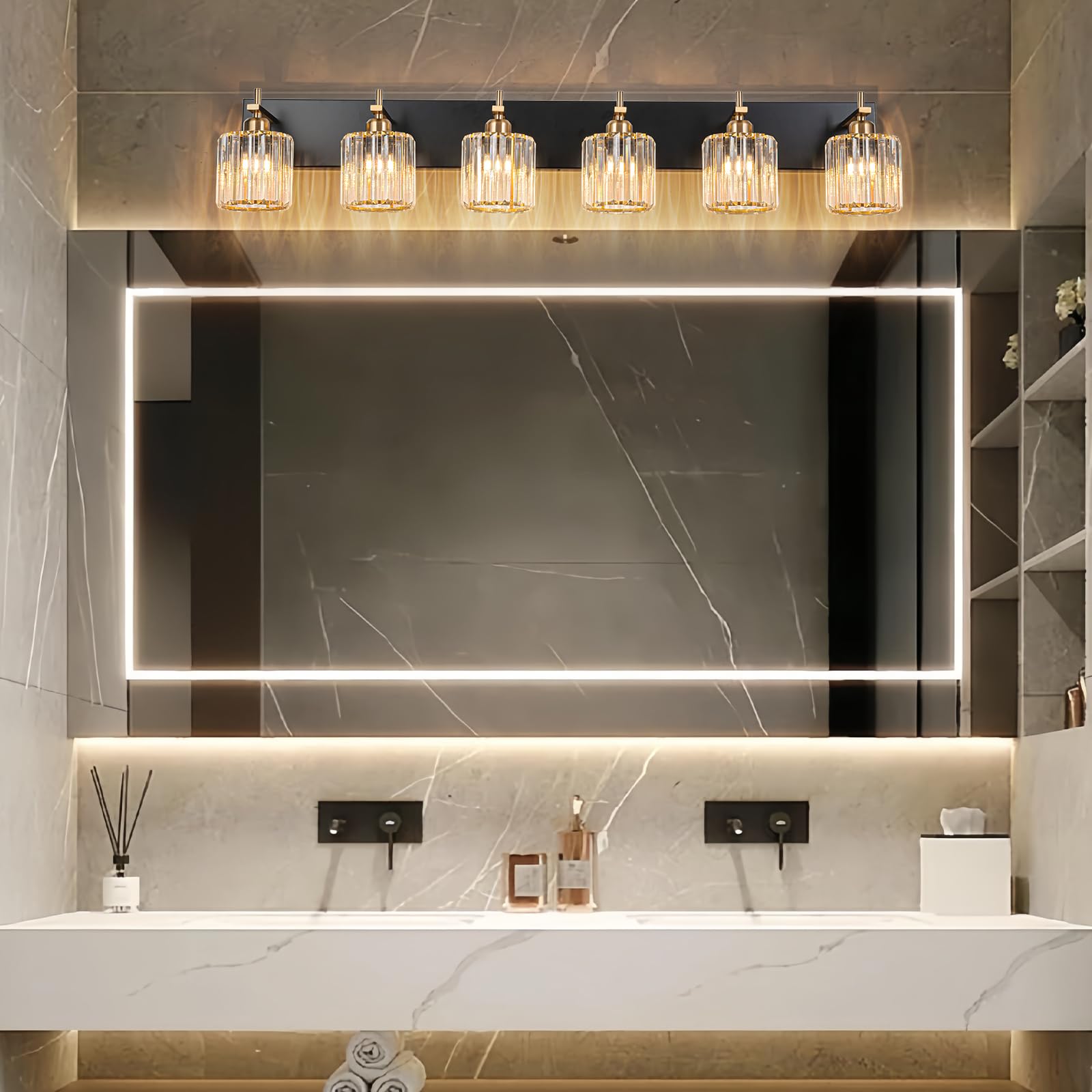 HUOKU 6-Light Crystal Bathroom Vanity Light Fixture, Metal & Crystal, Black Gold Finish