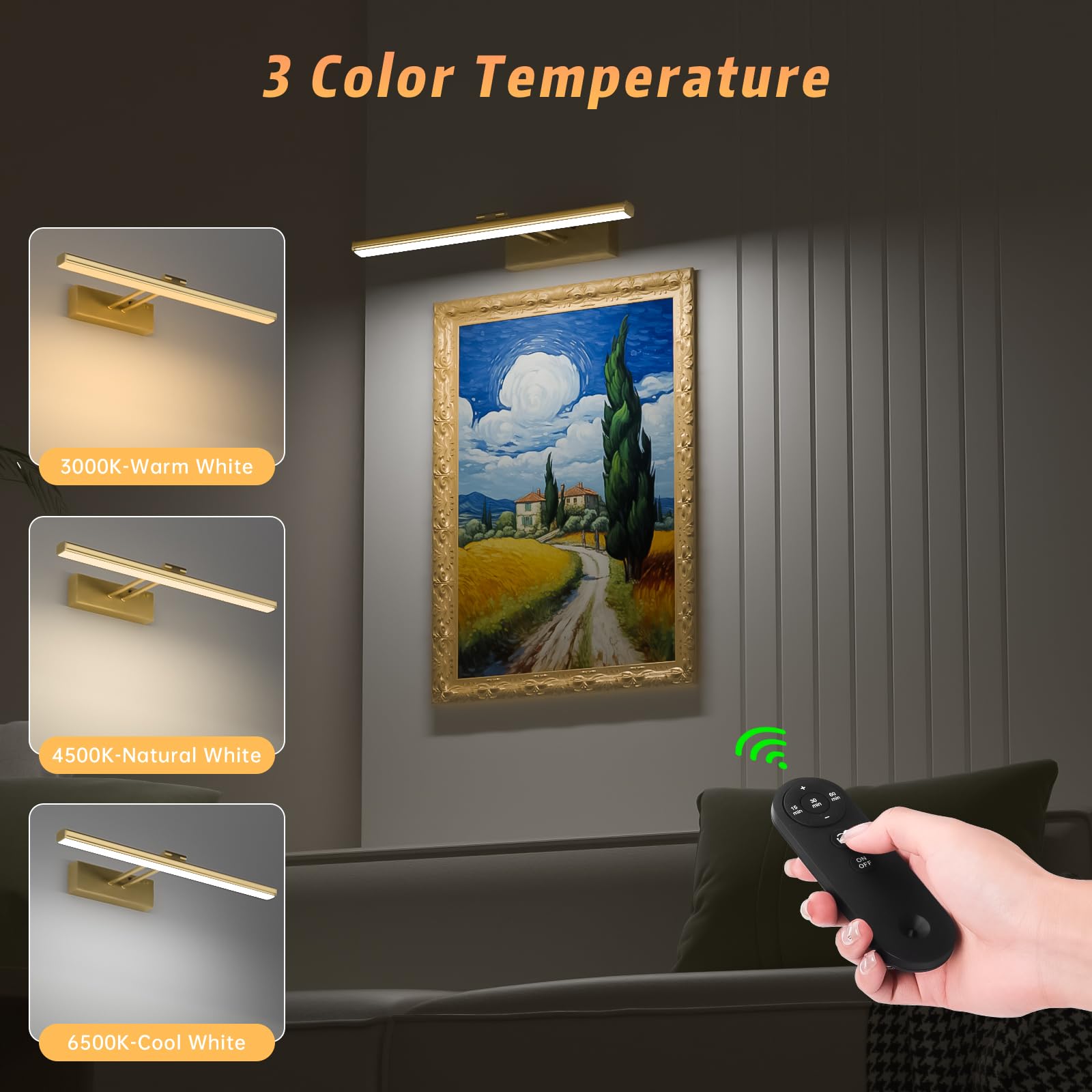 15.35Inch Picture Light With Remote, Wireless Rechargeable Battery Wall Light For Paintings, 3 Colors Paintings Light Dimmable A